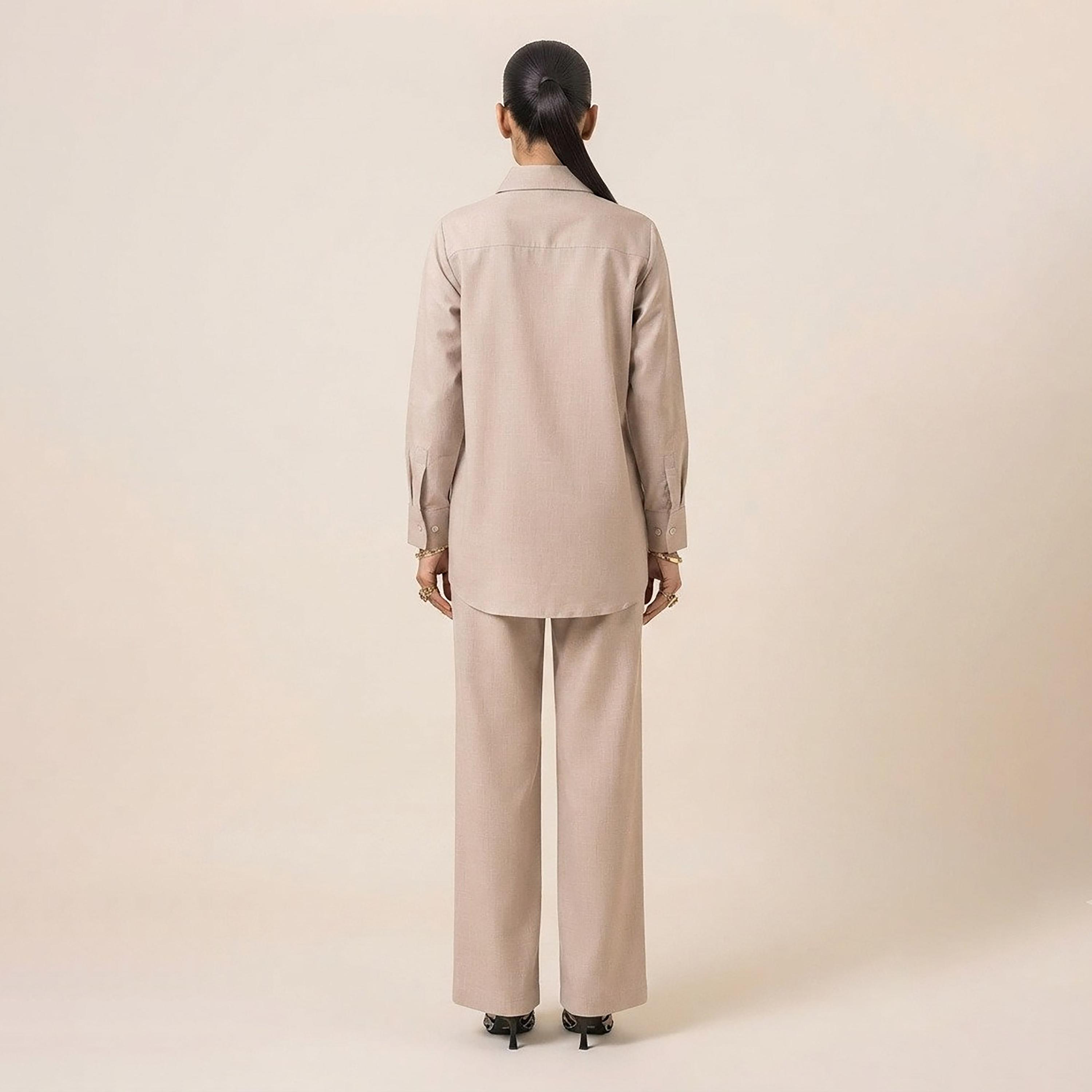 Nikias Beige Long Sleeves Collared Women's Shirt & Trousers Set-women-clothing-coordsets-image-5