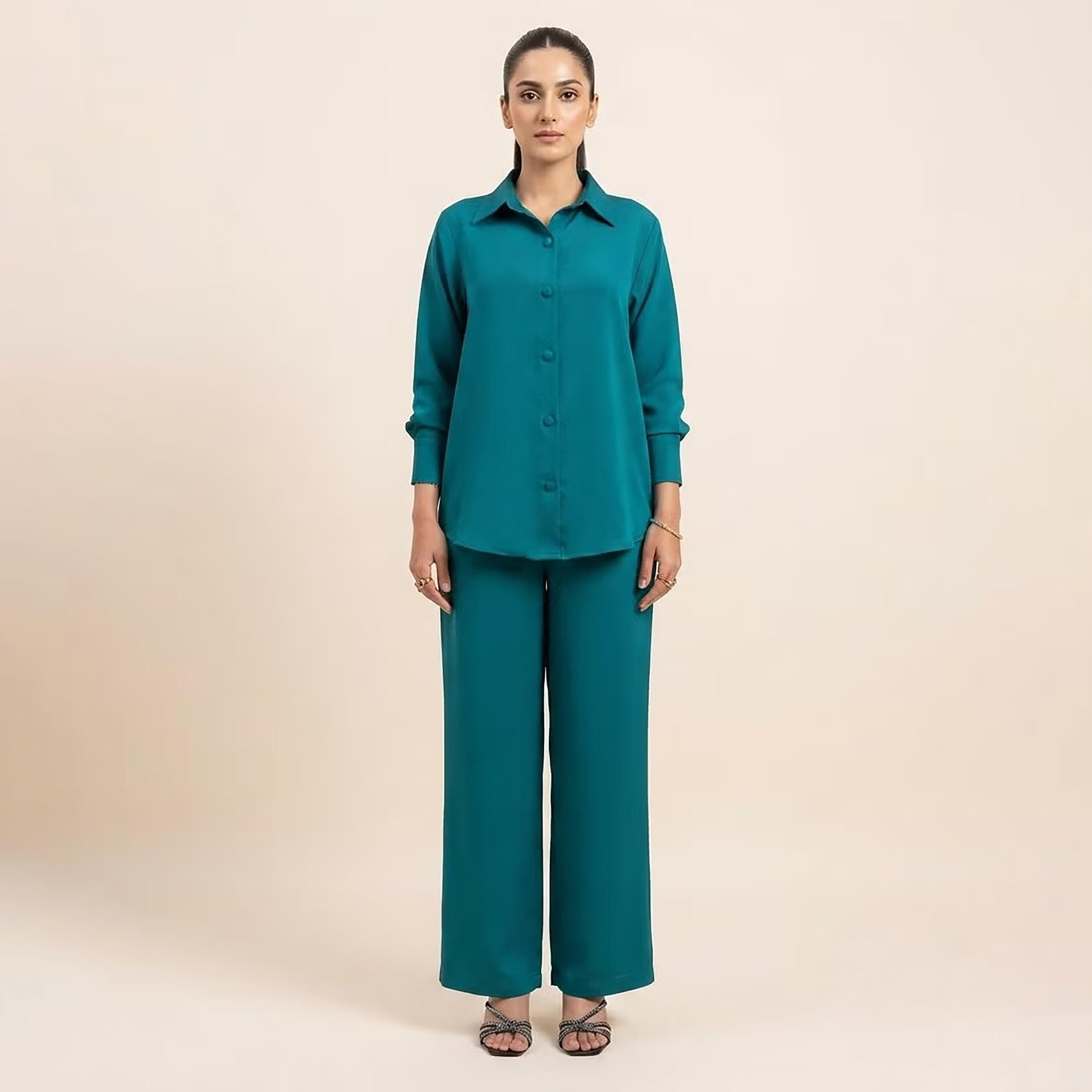 طقم قميص وبنطال حريمي بأكمام طويلة وياقة باللون التيل الداكن من نيكياس-women-clothing-coordsets-image-1