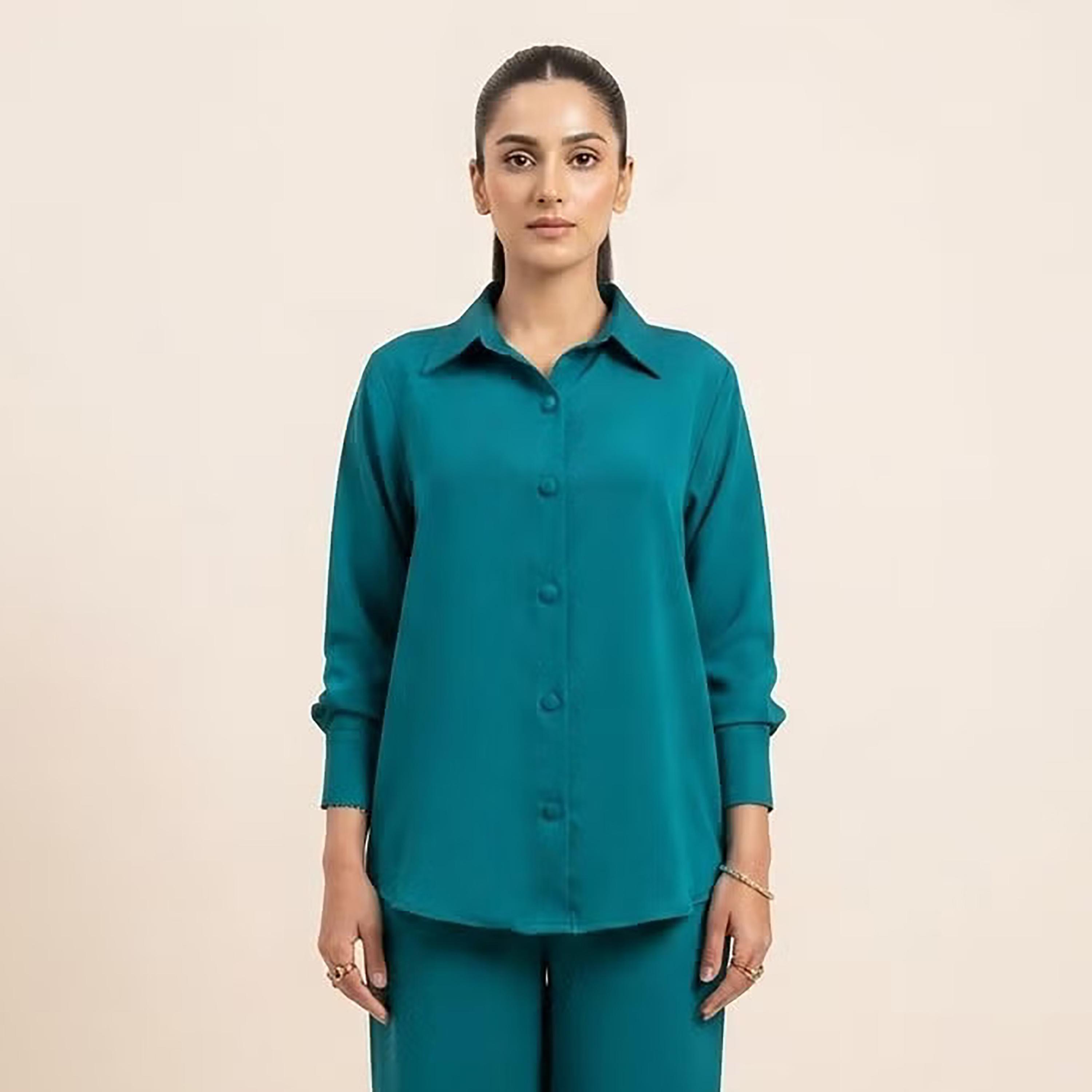 طقم قميص وبنطال حريمي بأكمام طويلة وياقة باللون التيل الداكن من نيكياس-women-clothing-coordsets-image-2