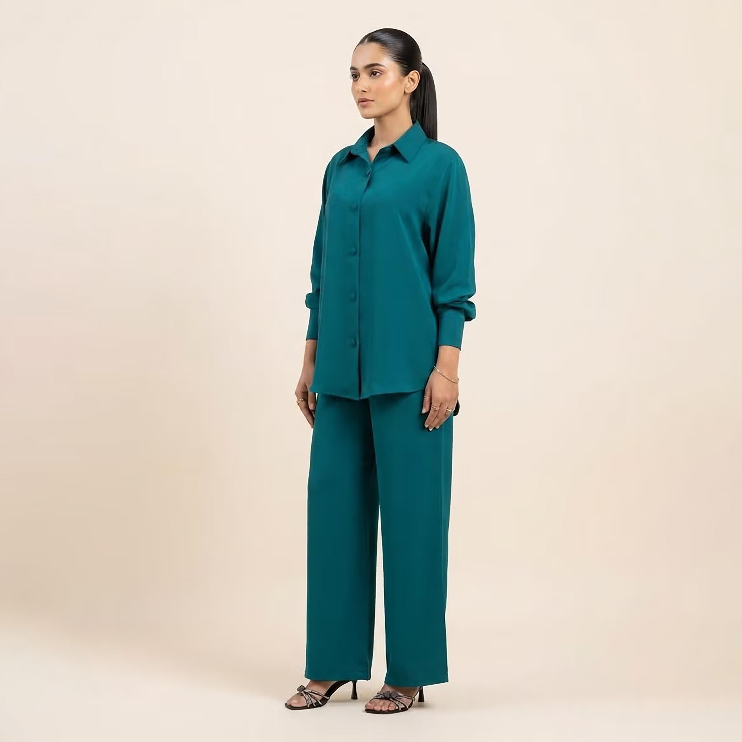 طقم قميص وبنطال حريمي بأكمام طويلة وياقة باللون التيل الداكن من نيكياس-women-clothing-coordsets-image-4