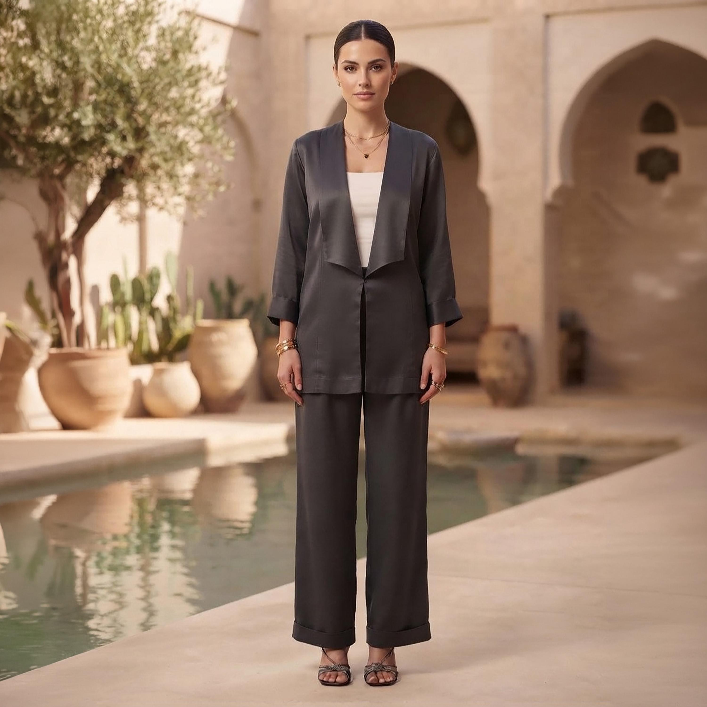 Nikias Grey Three-Quarter Sleeves Lapel Collared Women's Jacket & Trousers Set-women-clothing-coordsets-image-1