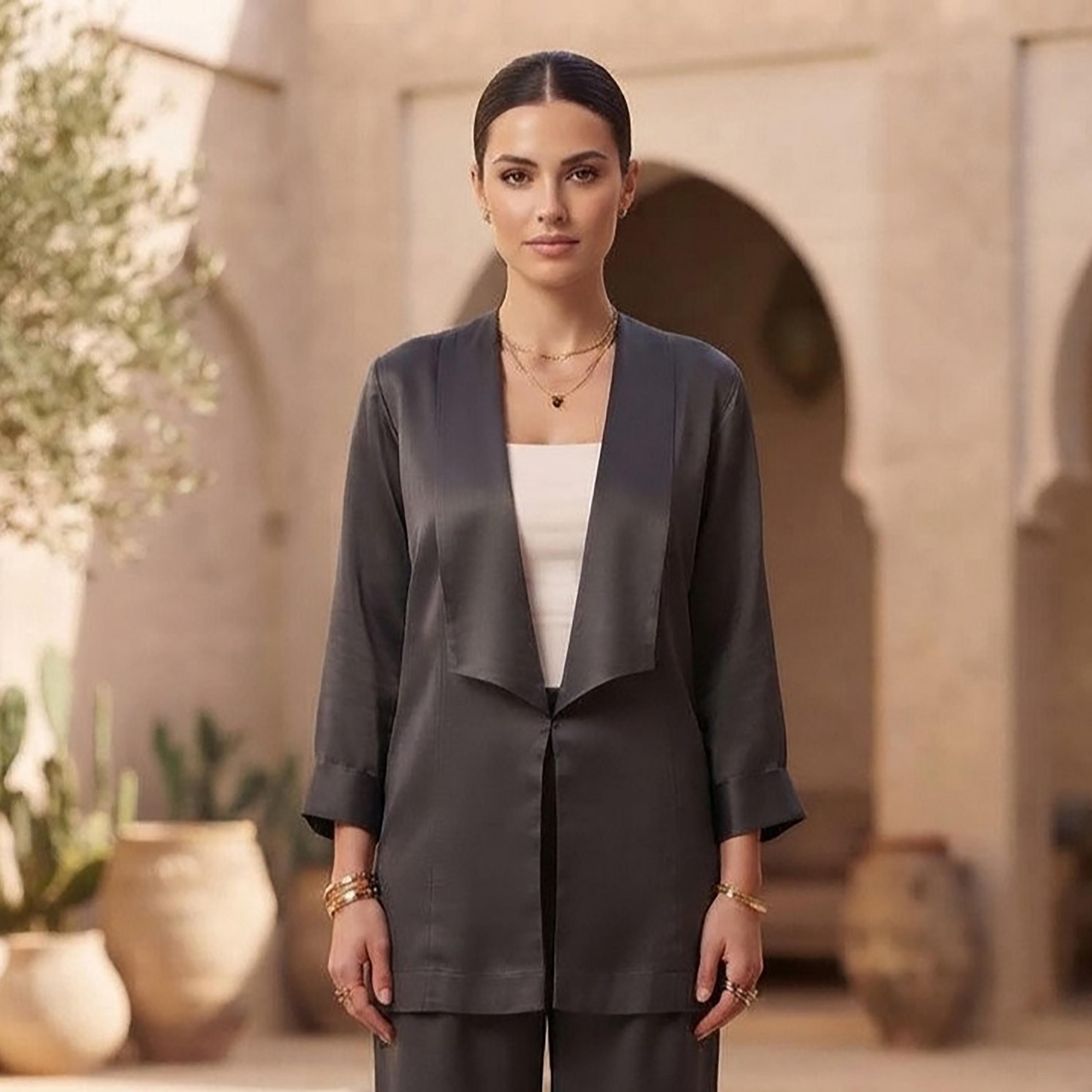 Nikias Grey Three-Quarter Sleeves Lapel Collared Women's Jacket & Trousers Set-women-clothing-coordsets-image-2