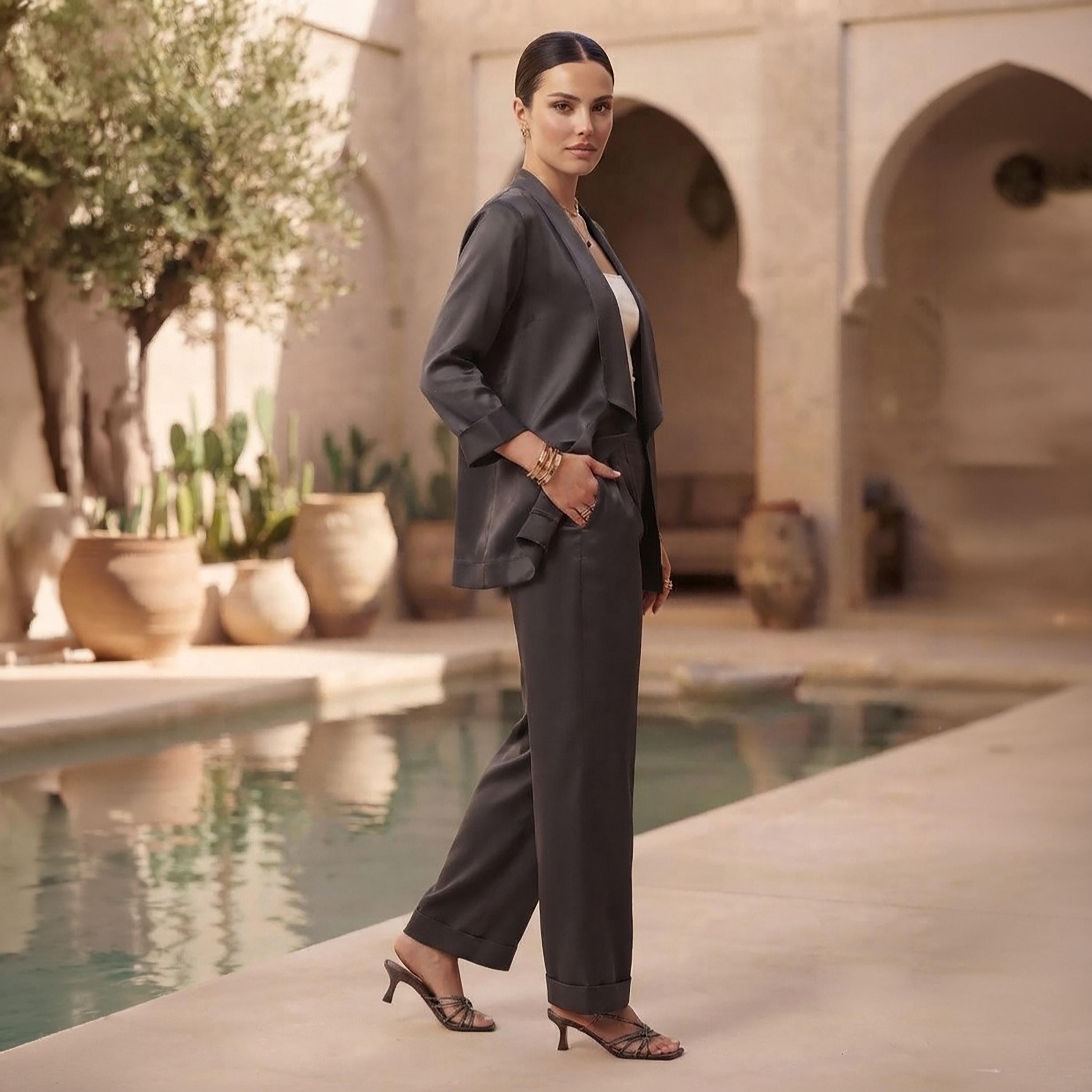 Nikias Grey Three-Quarter Sleeves Lapel Collared Women's Jacket & Trousers Set-women-clothing-coordsets-image-4