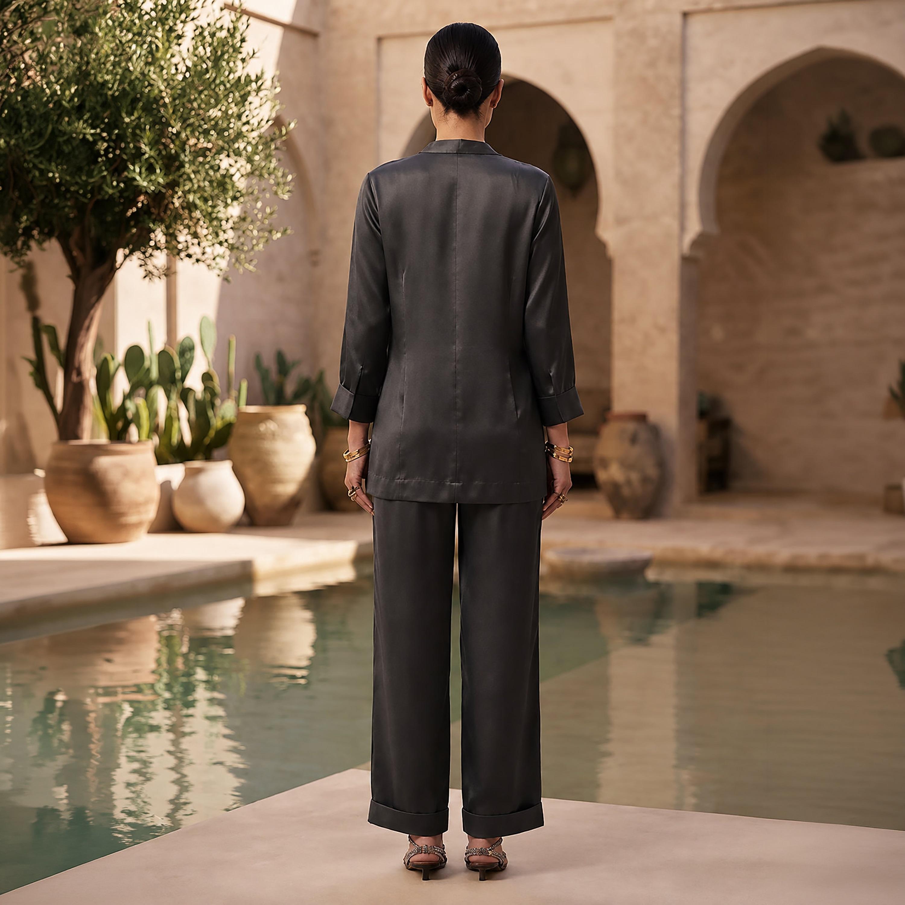 Nikias Grey Three-Quarter Sleeves Lapel Collared Women's Jacket & Trousers Set-women-clothing-coordsets-image-5
