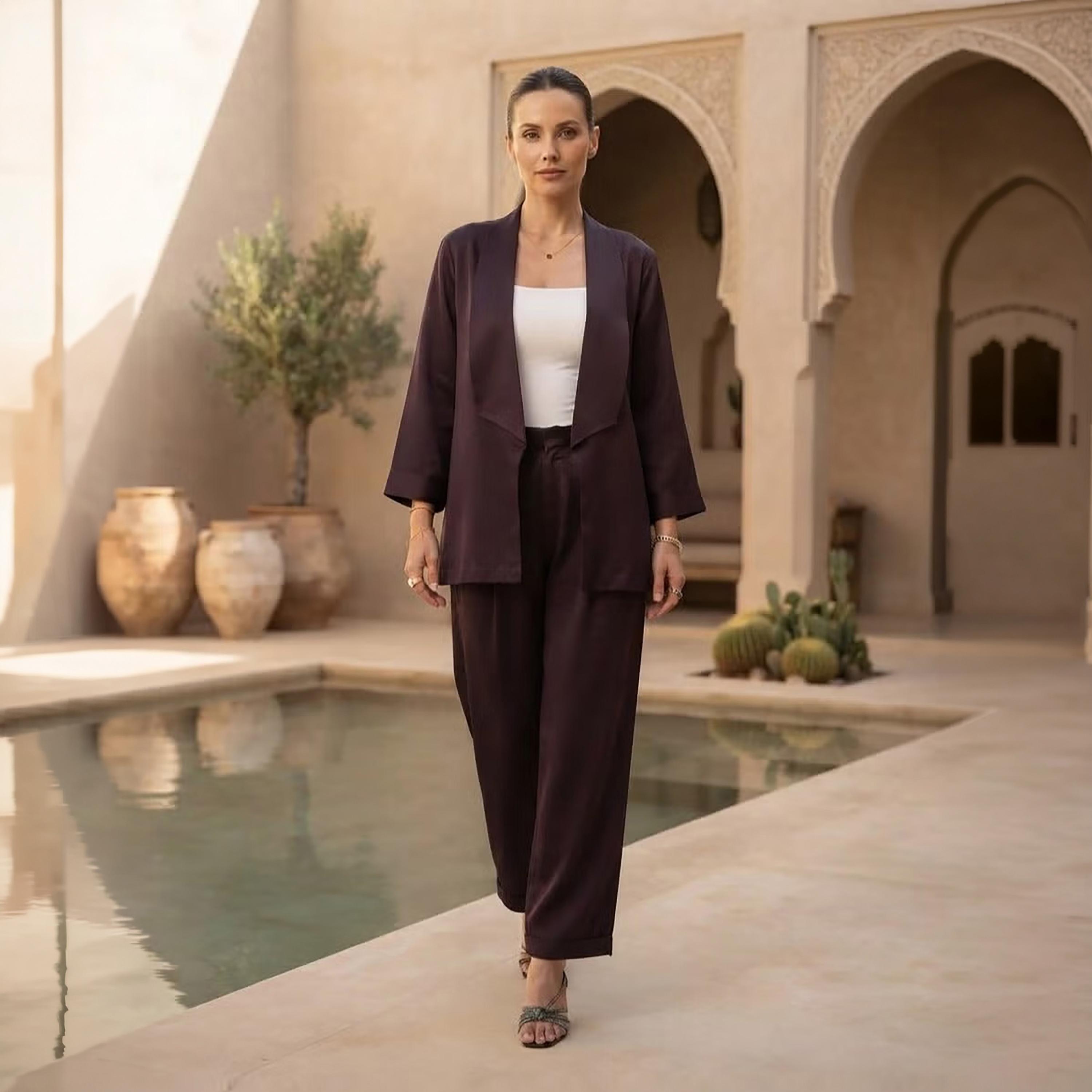 Nikias Deep Purple Three-Quarter Sleeves Lapel Collared Women's Jacket & Trousers Set-women-clothing-coordsets-image-1