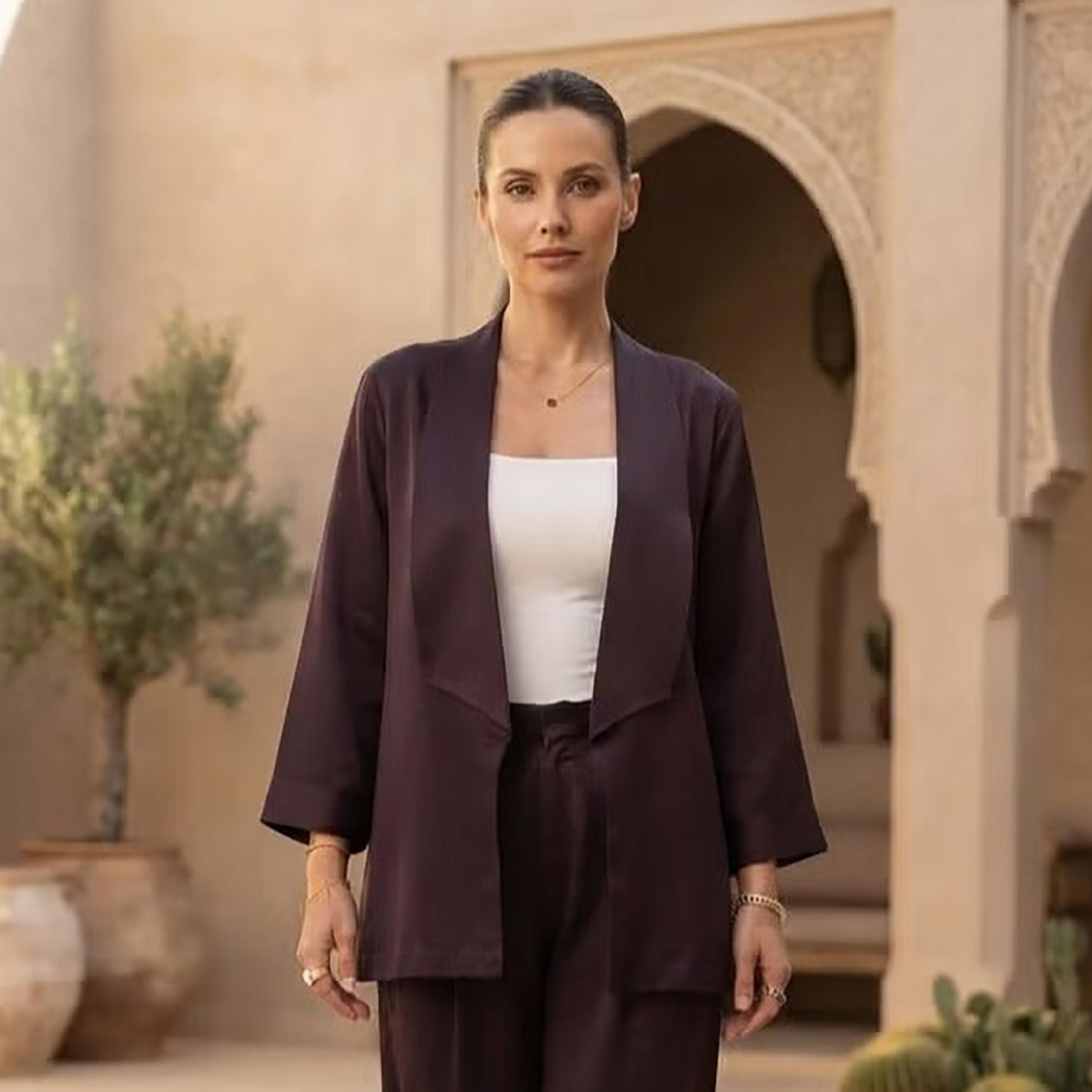 Nikias Deep Purple Three-Quarter Sleeves Lapel Collared Women's Jacket & Trousers Set-women-clothing-coordsets-image-2