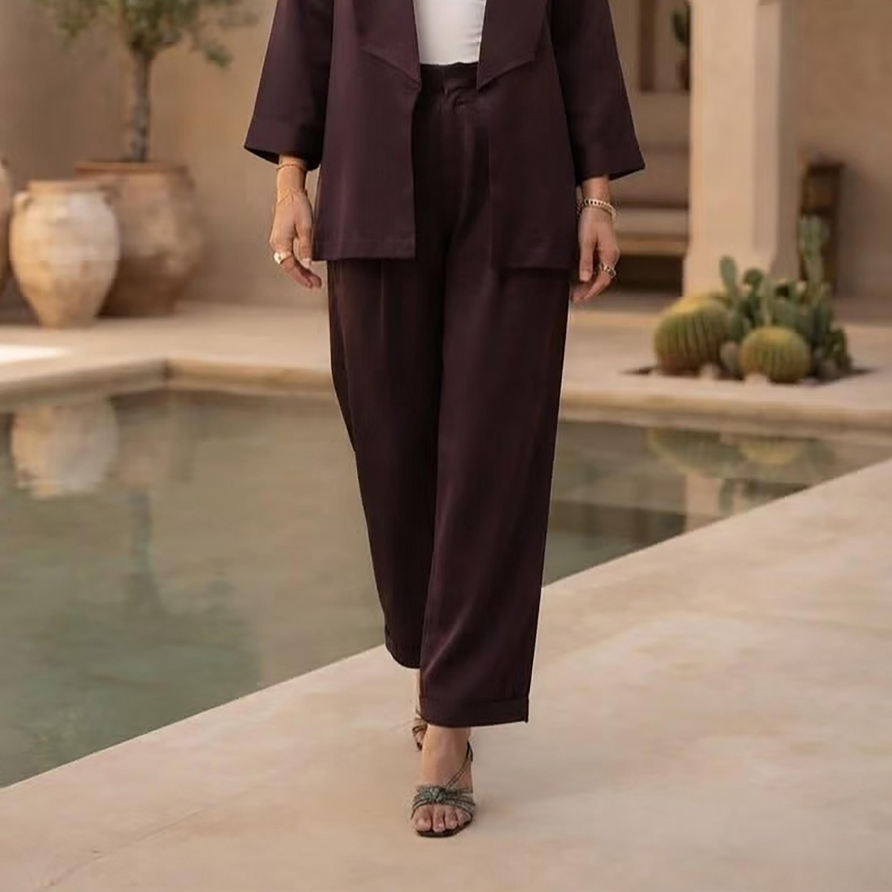 Nikias Deep Purple Three-Quarter Sleeves Lapel Collared Women's Jacket & Trousers Set-women-clothing-coordsets-image-3