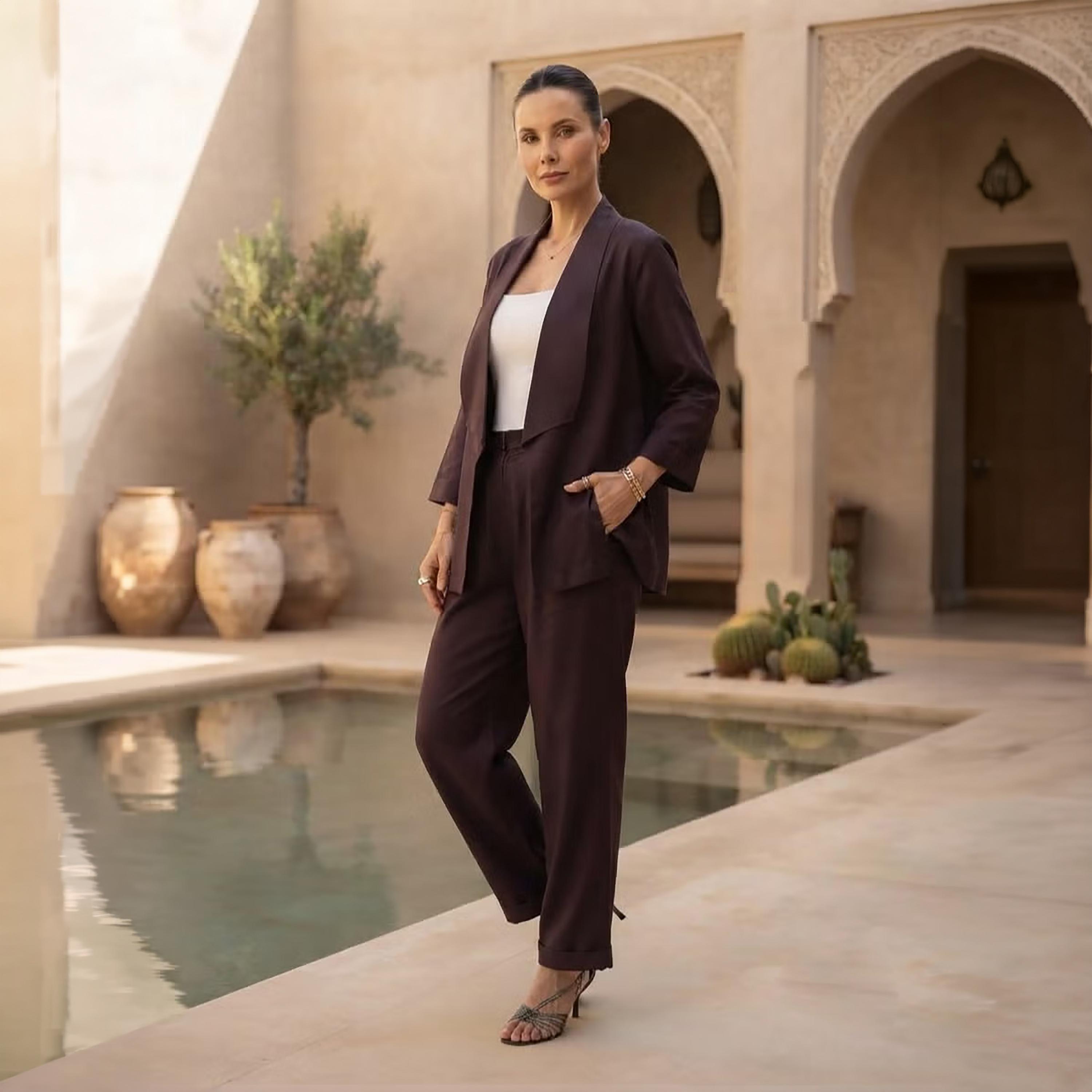 Nikias Deep Purple Three-Quarter Sleeves Lapel Collared Women's Jacket & Trousers Set-women-clothing-coordsets-image-4