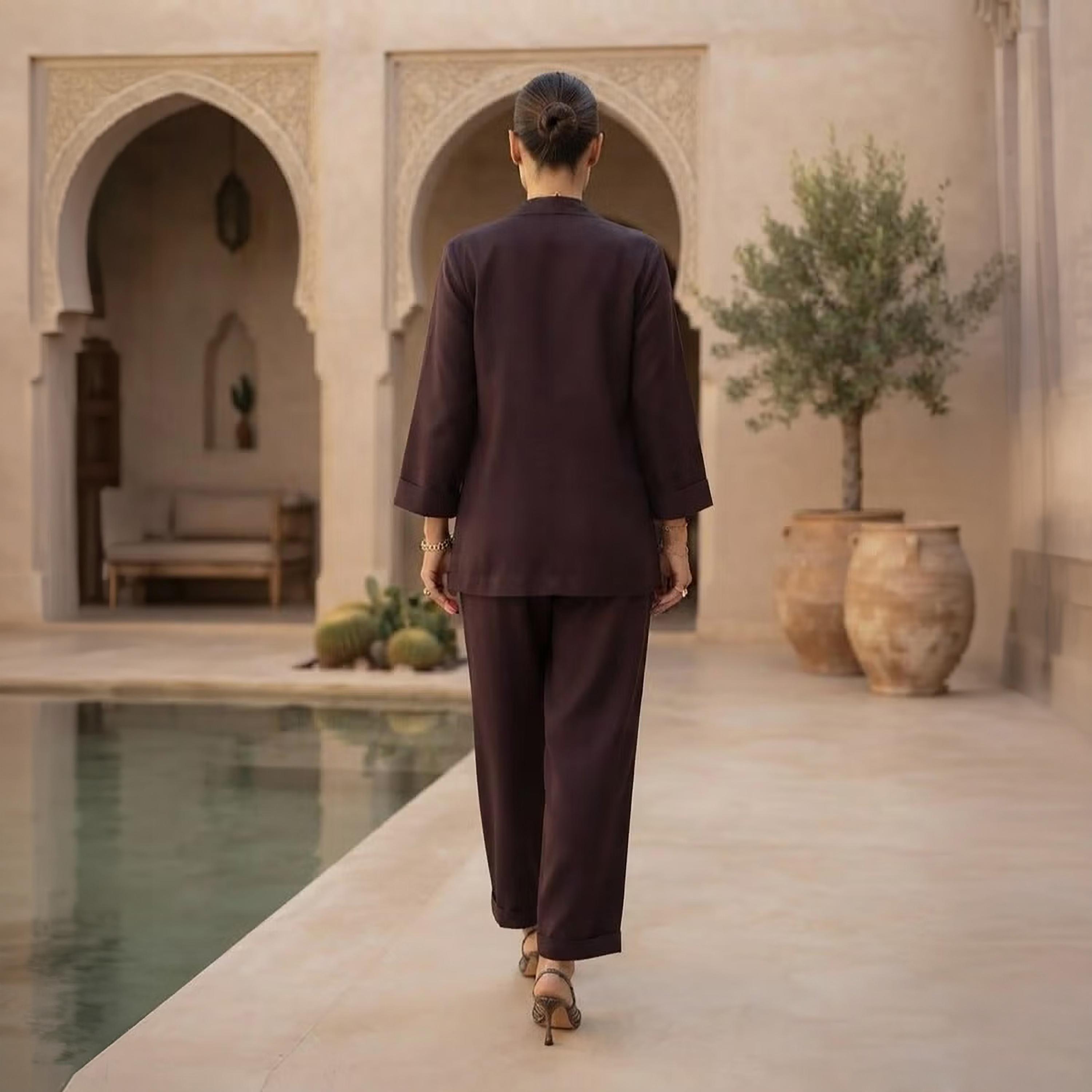 Nikias Deep Purple Three-Quarter Sleeves Lapel Collared Women's Jacket & Trousers Set-women-clothing-coordsets-image-5