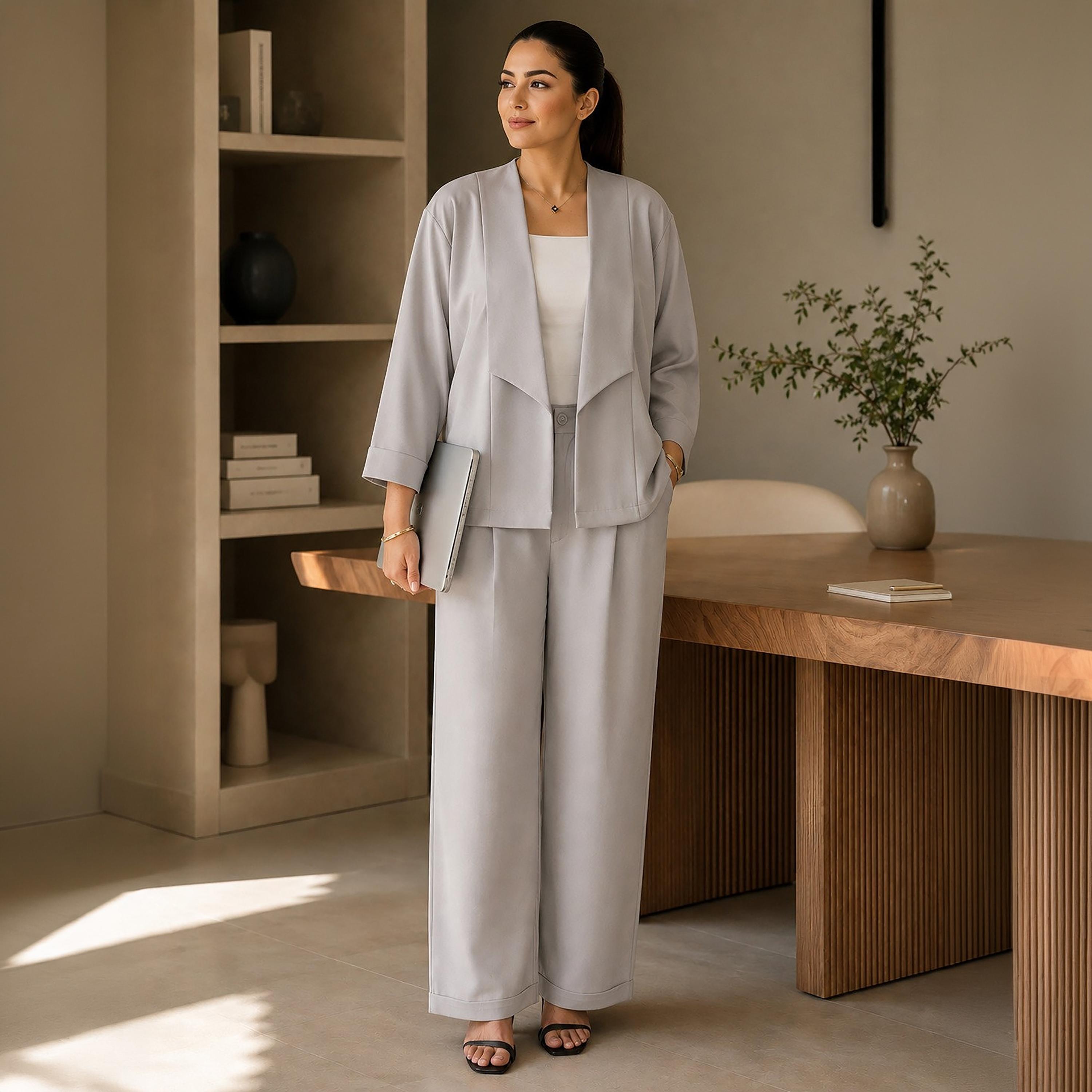 Nikias Dove Grey Three-Quarter Sleeves Lapel Collared Women's Jacket & Trousers Set-women-clothing-coordsets-image-1