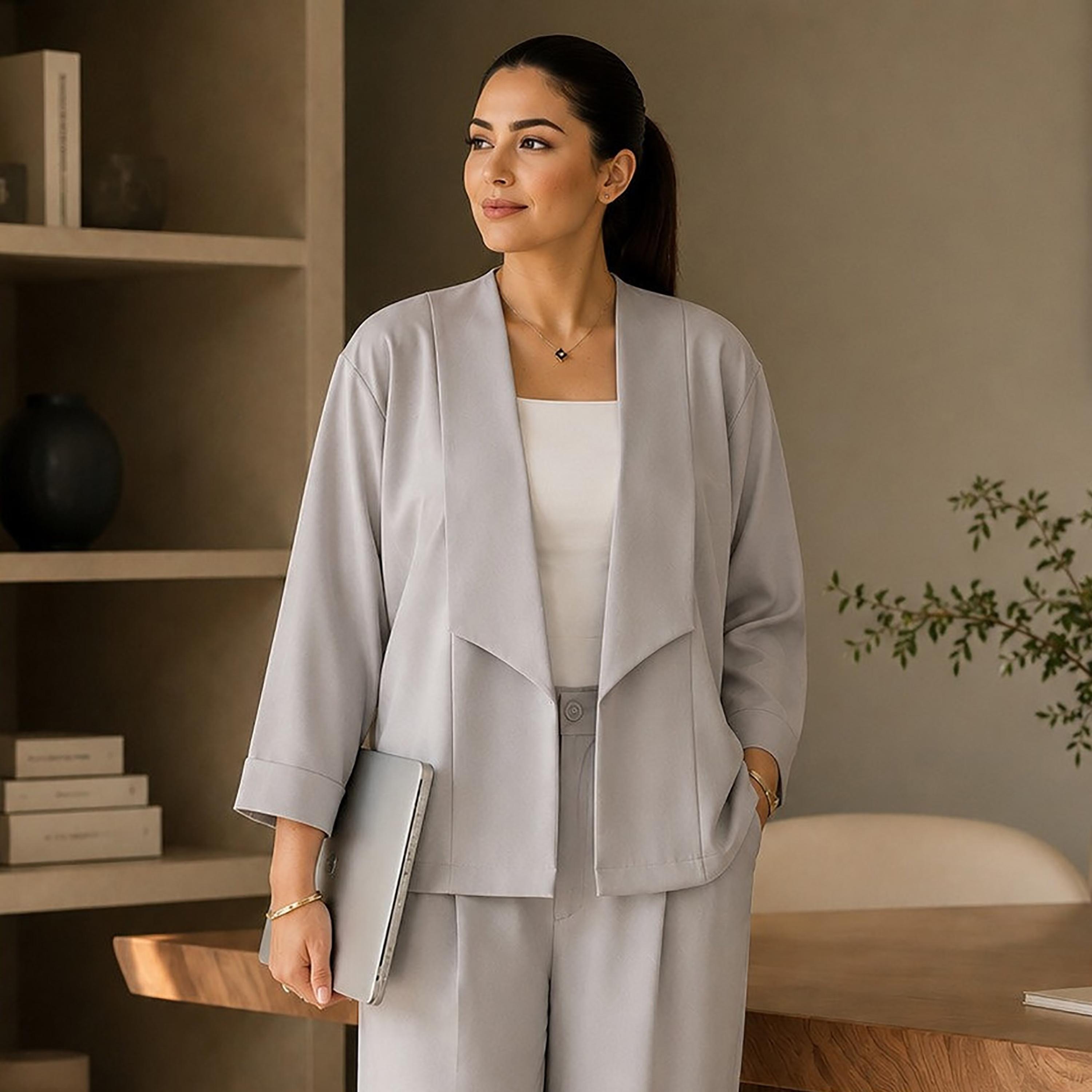 Nikias Dove Grey Three-Quarter Sleeves Lapel Collared Women's Jacket & Trousers Set-women-clothing-coordsets-image-2