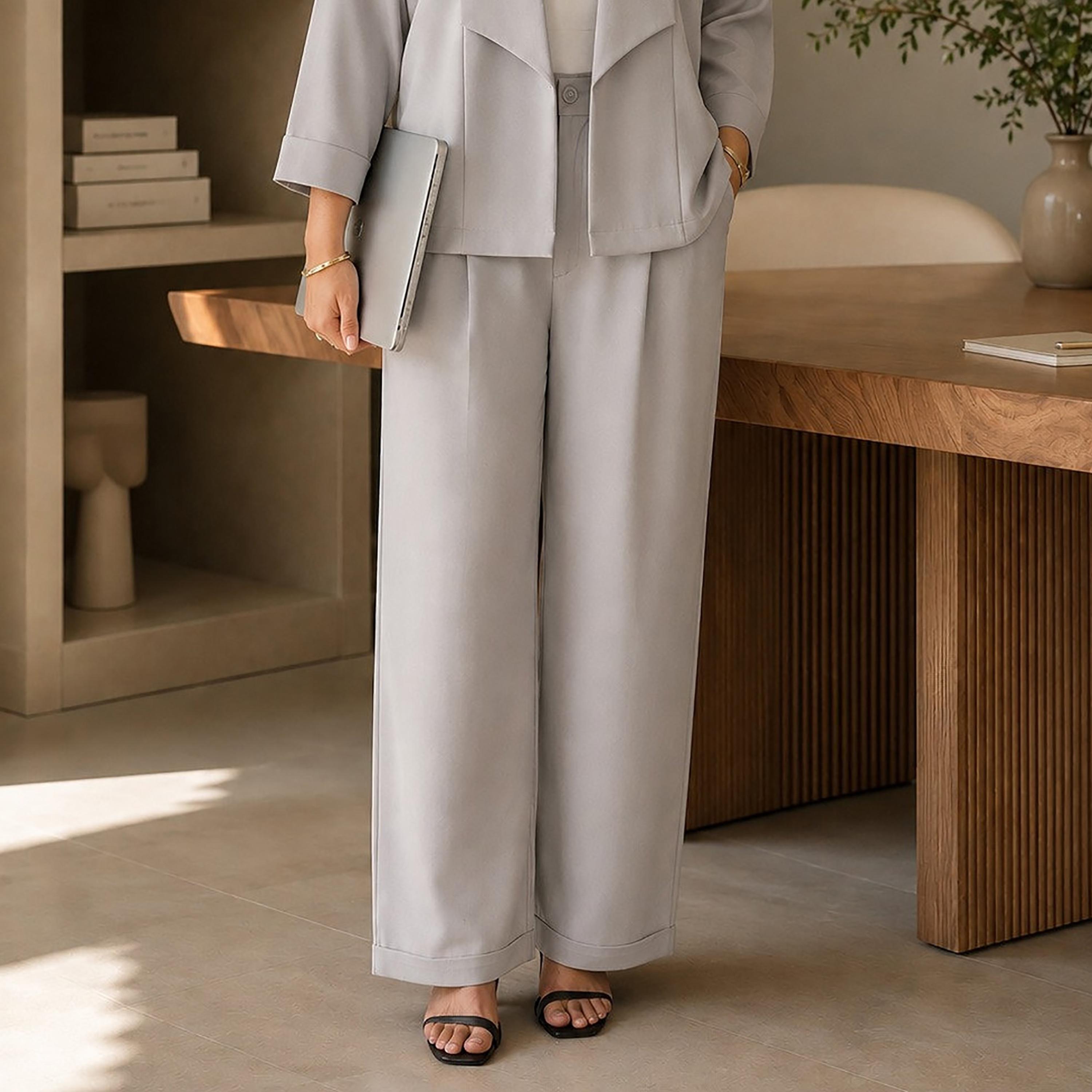 Nikias Dove Grey Three-Quarter Sleeves Lapel Collared Women's Jacket & Trousers Set-women-clothing-coordsets-image-3