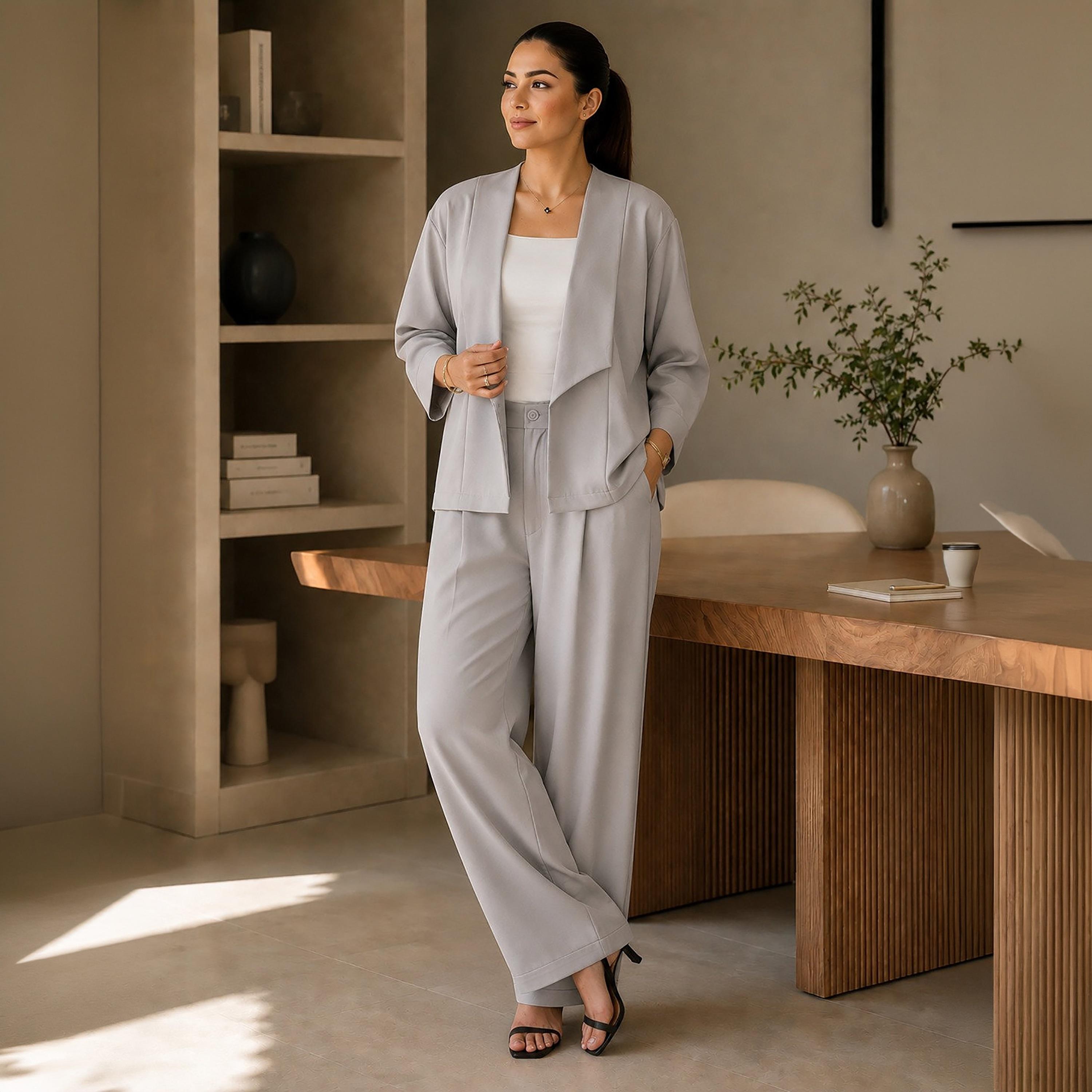 Nikias Dove Grey Three-Quarter Sleeves Lapel Collared Women's Jacket & Trousers Set-women-clothing-coordsets-image-4