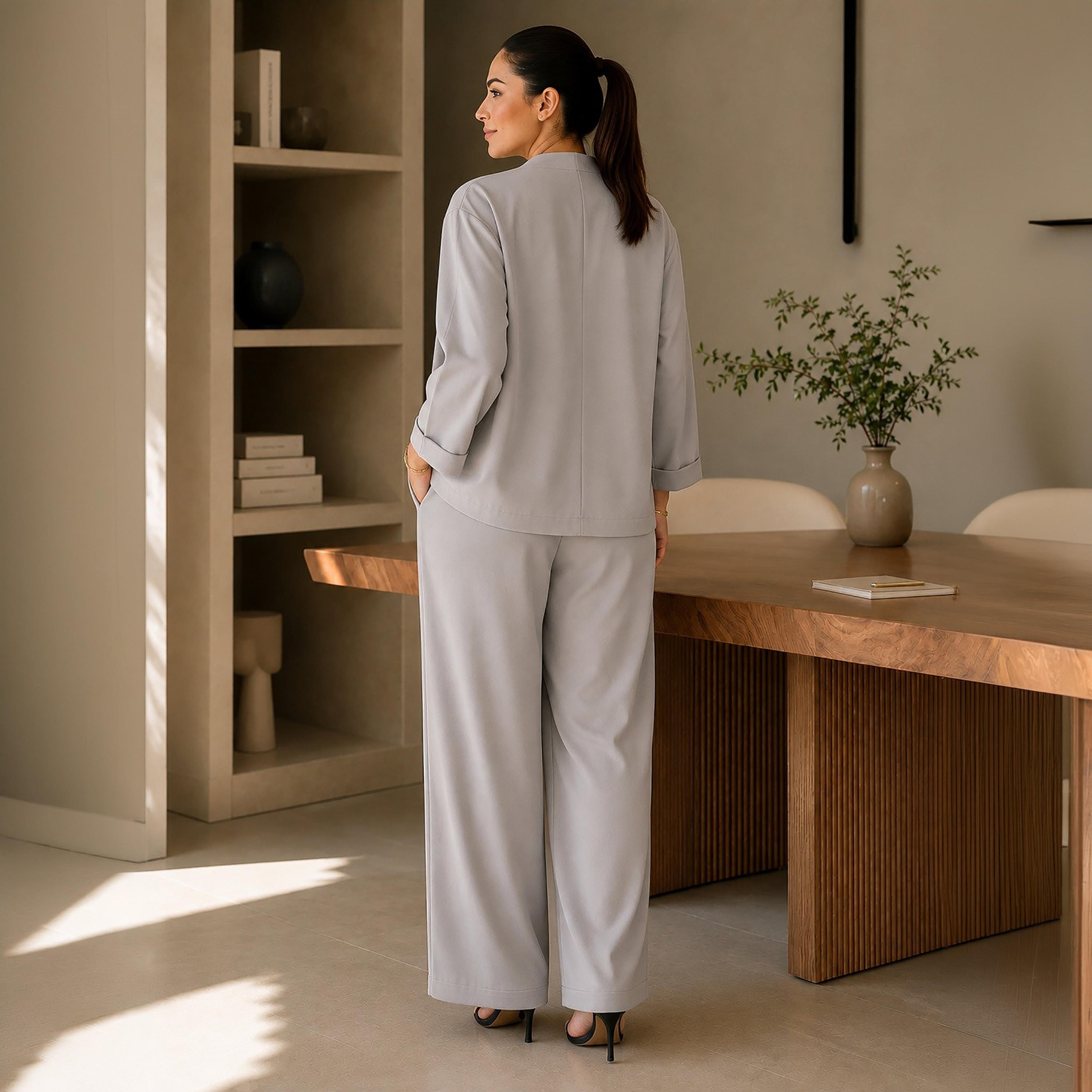 Nikias Dove Grey Three-Quarter Sleeves Lapel Collared Women's Jacket & Trousers Set-women-clothing-coordsets-image-5
