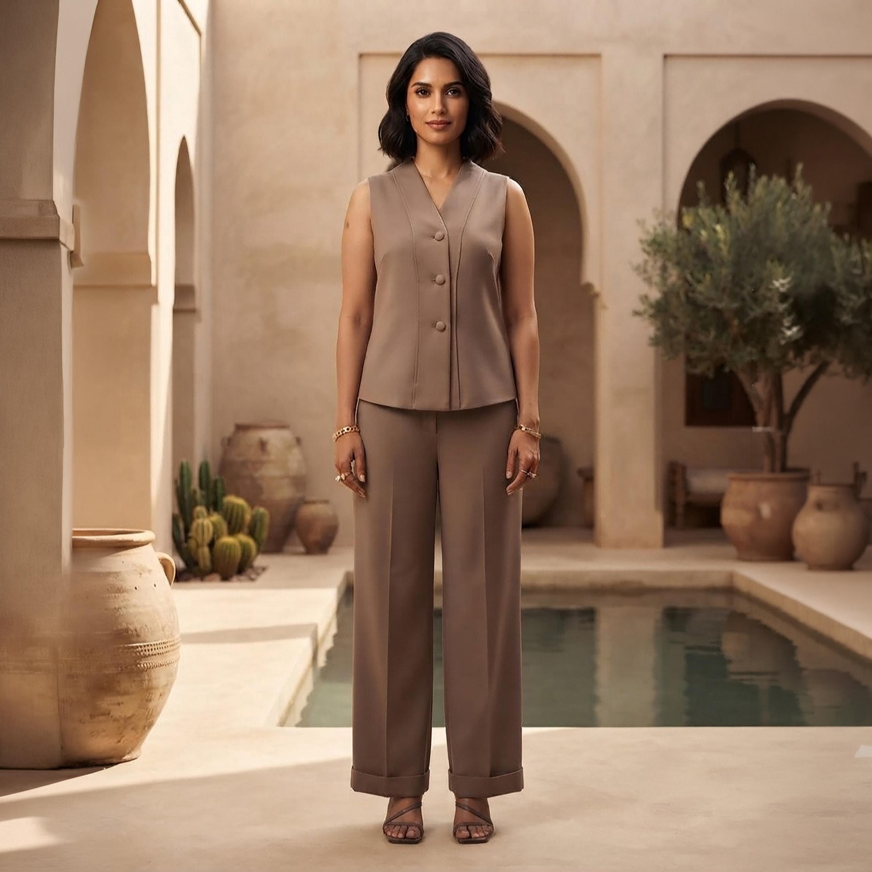 Nikias Beige Sleeveless Women's Vest & Trousers Set-women-clothing-coordsets-image-1