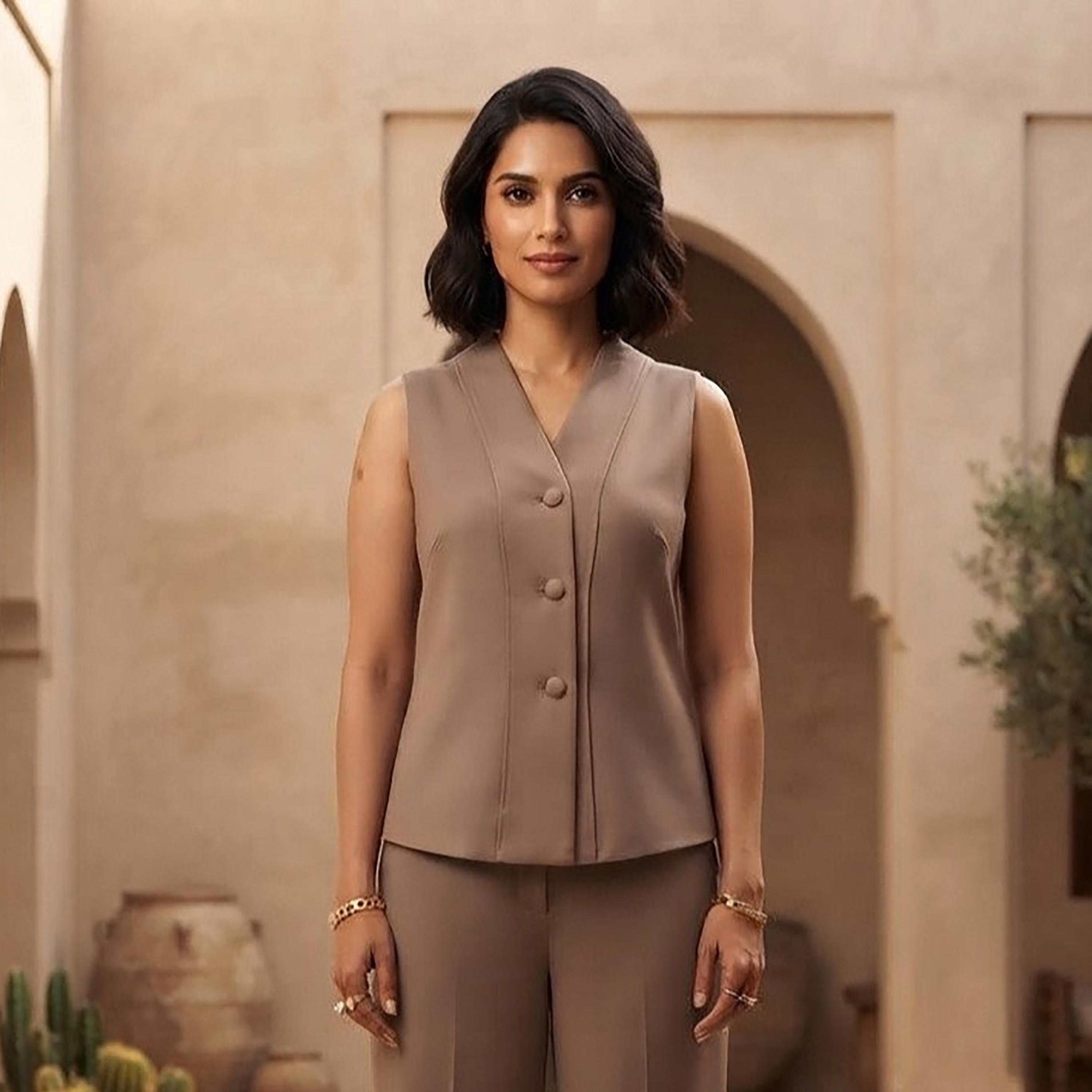 Nikias Beige Sleeveless Women's Vest & Trousers Set-women-clothing-coordsets-image-2