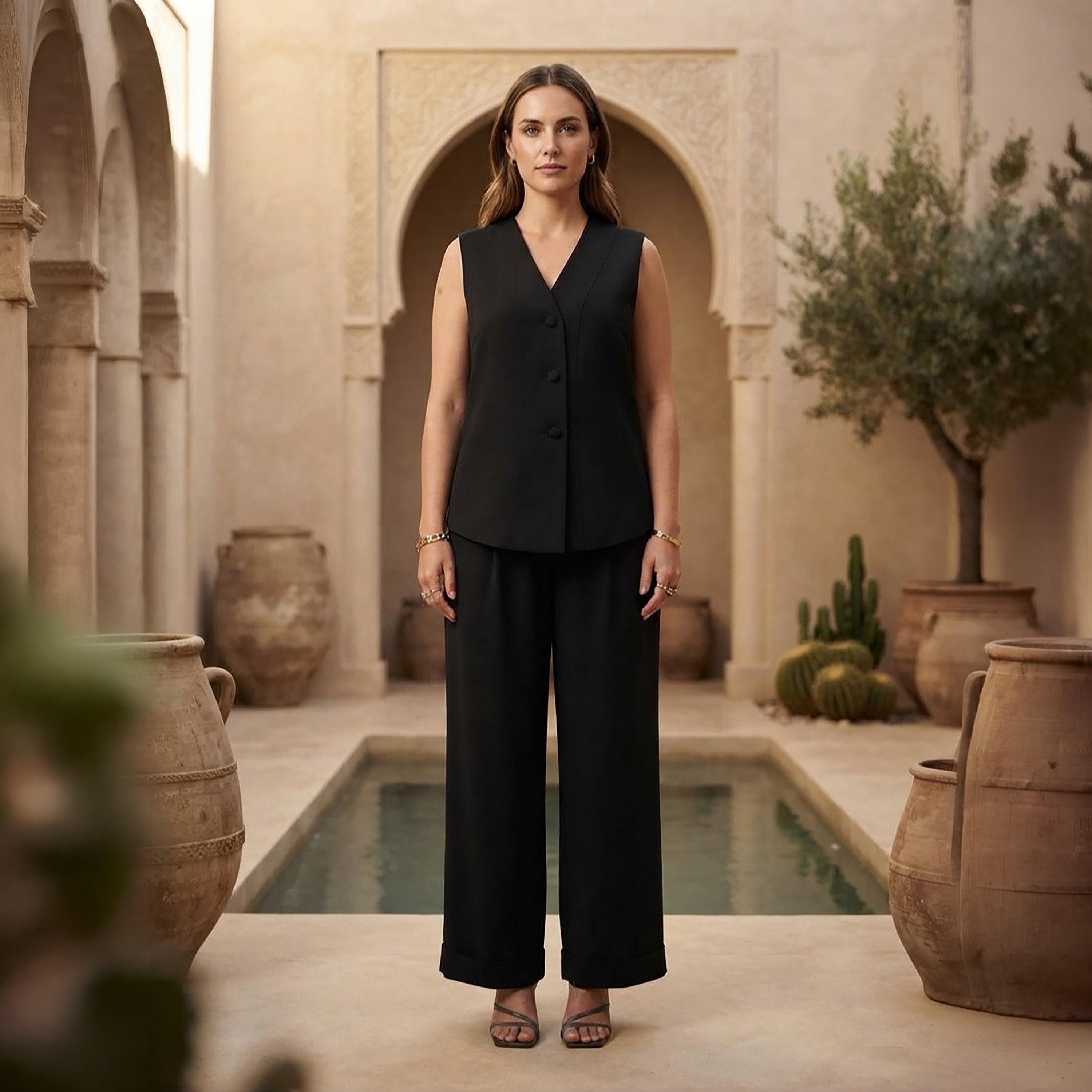 طقم فيست بدون أكمام وبنطال حريمي باللون الأسود من نيكياس-women-clothing-coordsets-image-1