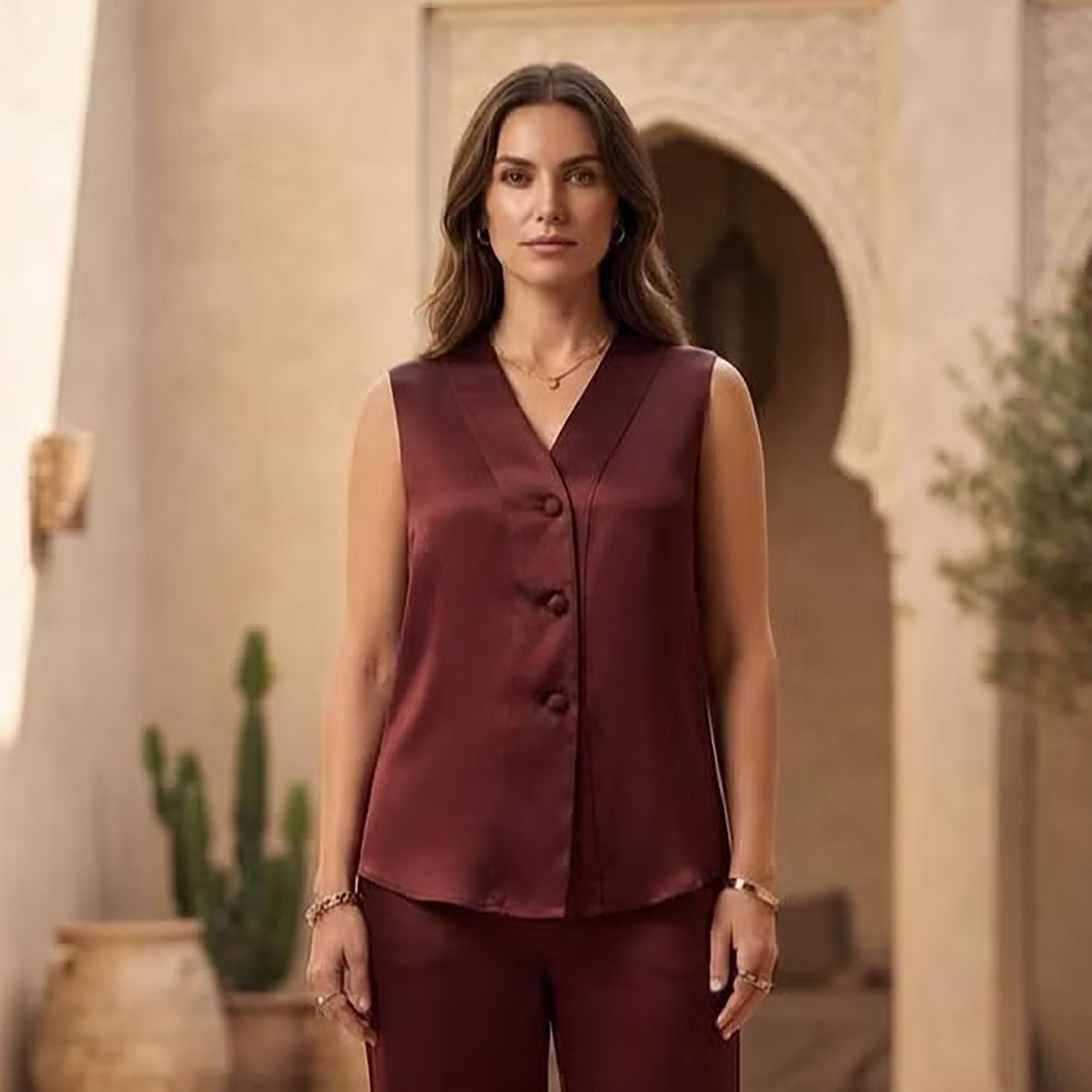طقم فيست بدون أكمام وبنطال حريمي باللون الأحمر الخمري من نيكياس-women-clothing-coordsets-image-2