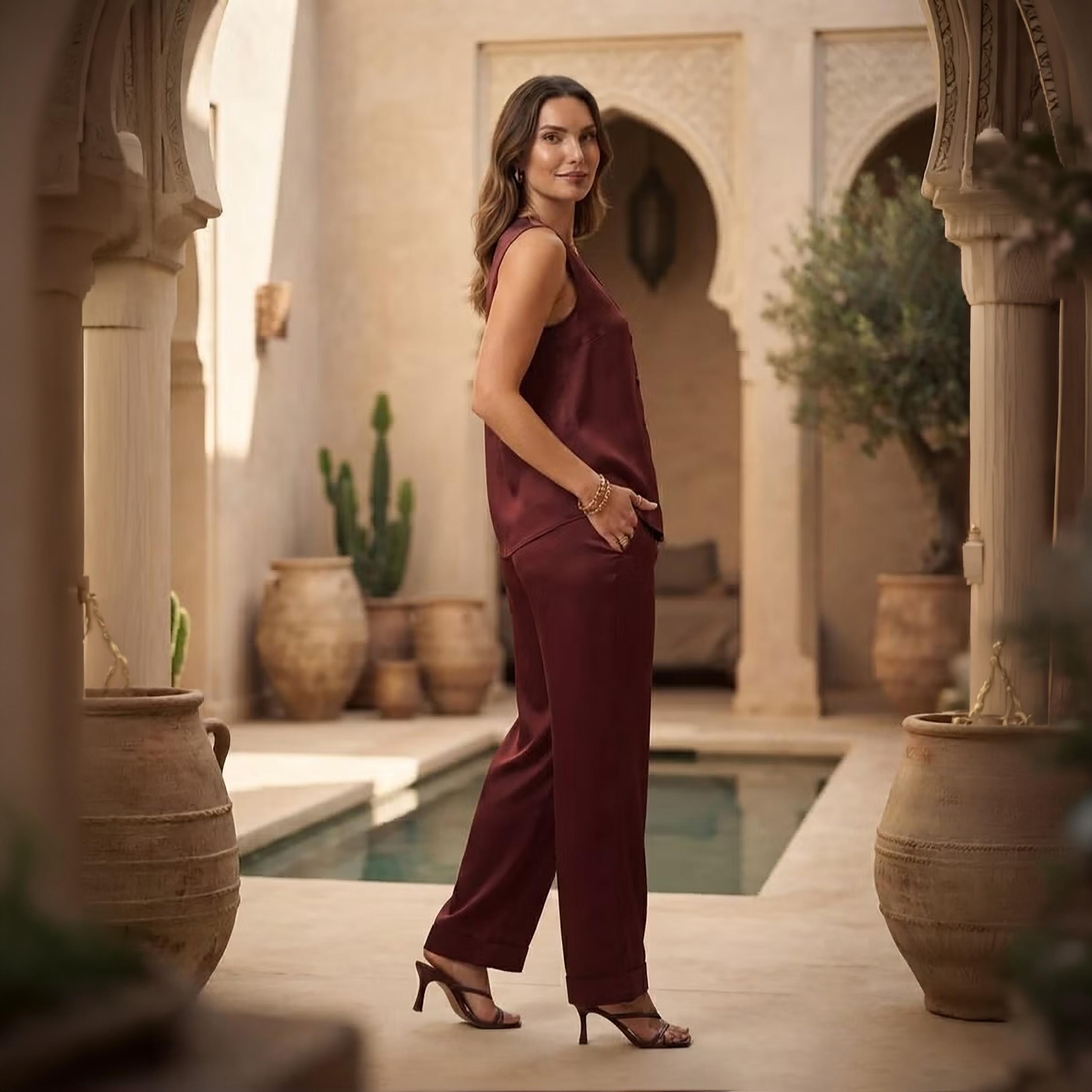 طقم فيست بدون أكمام وبنطال حريمي باللون الأحمر الخمري من نيكياس-women-clothing-coordsets-image-4