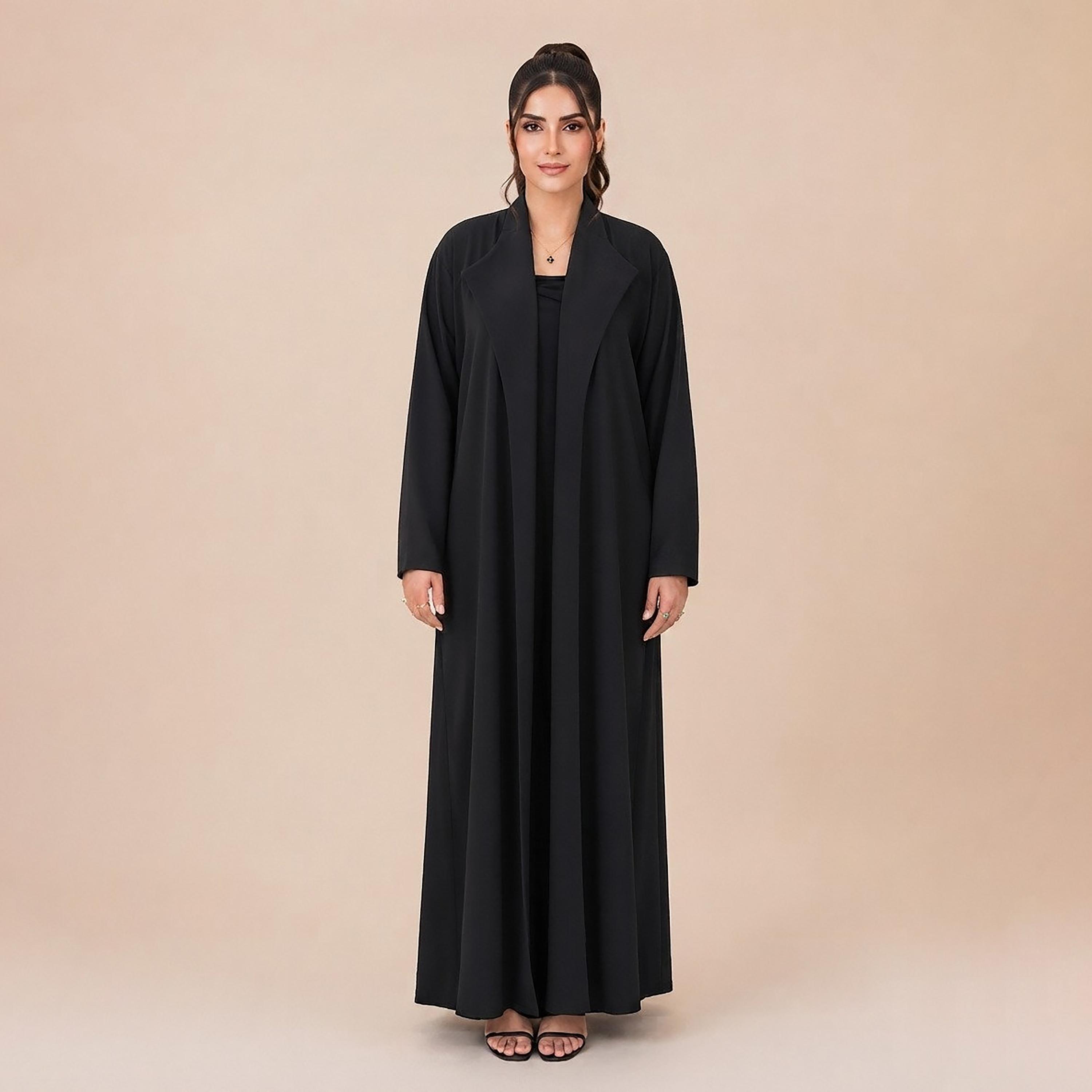 Nikias Black Lapel Collared Women's Abaya-women-arabicclothing-abayas-image-1