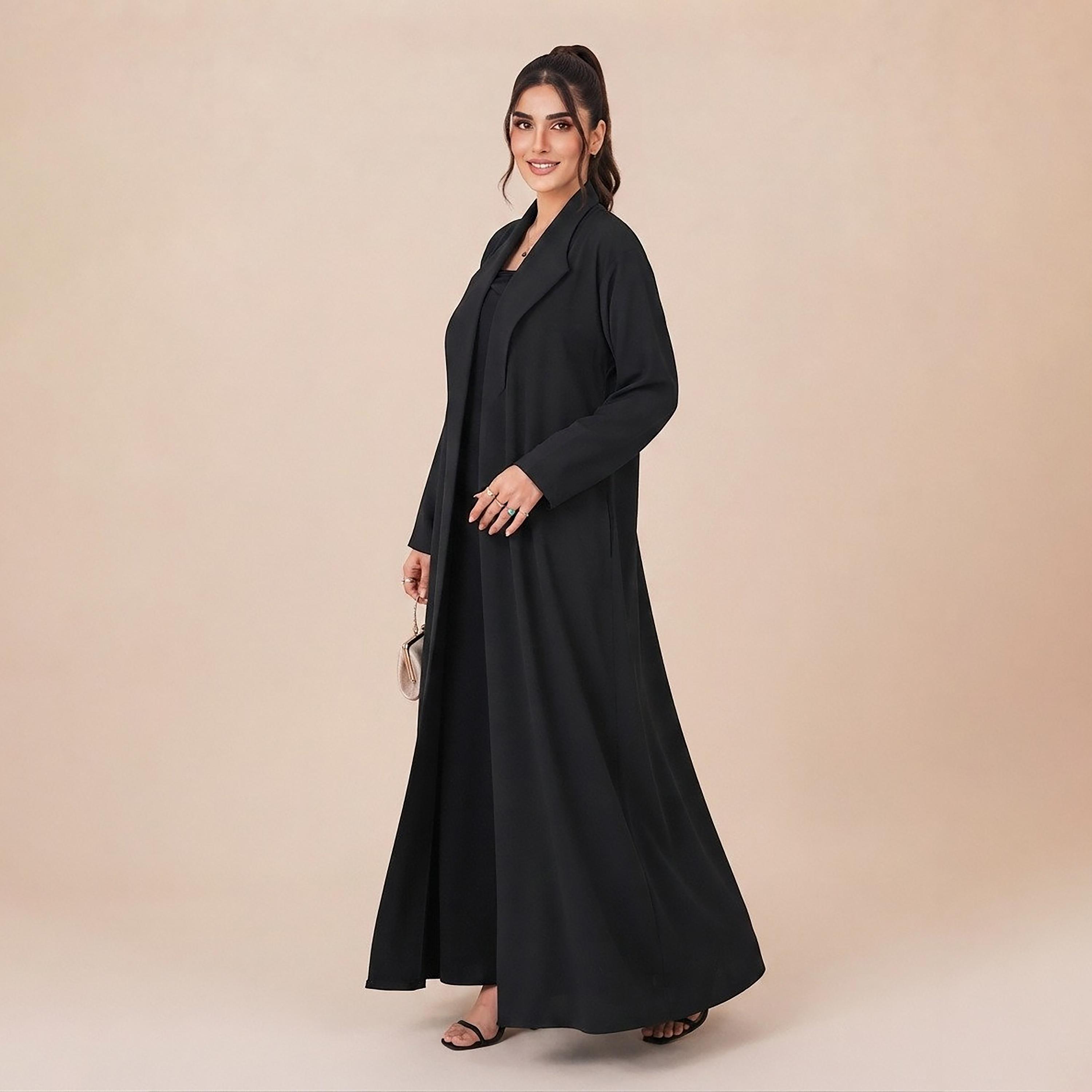 Nikias Black Lapel Collared Women's Abaya-women-arabicclothing-abayas-image-2