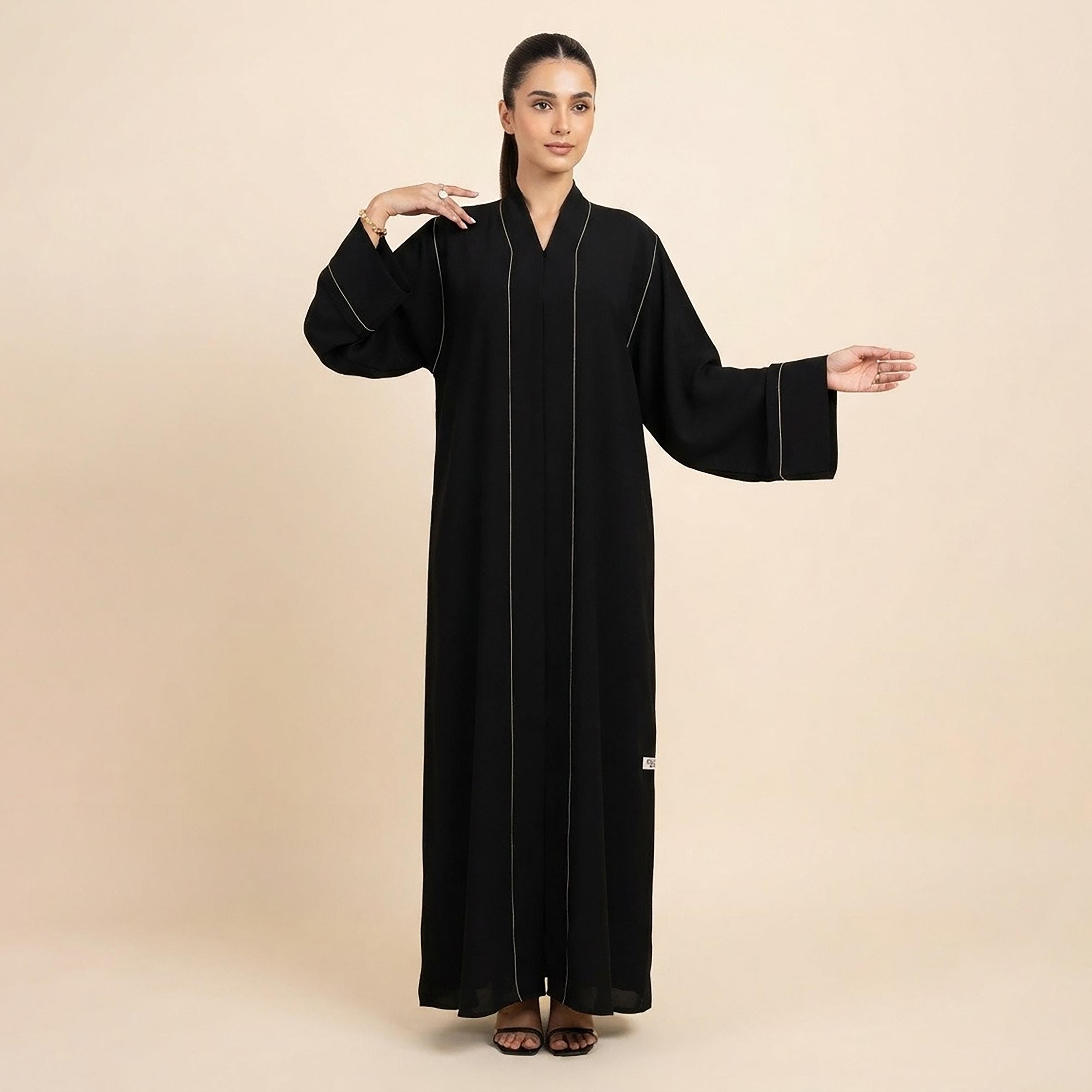 Nikias Black Contrast Piping Detailed Wide Sleeves Nida Women's Abaya-women-arabicclothing-abayas-image-1