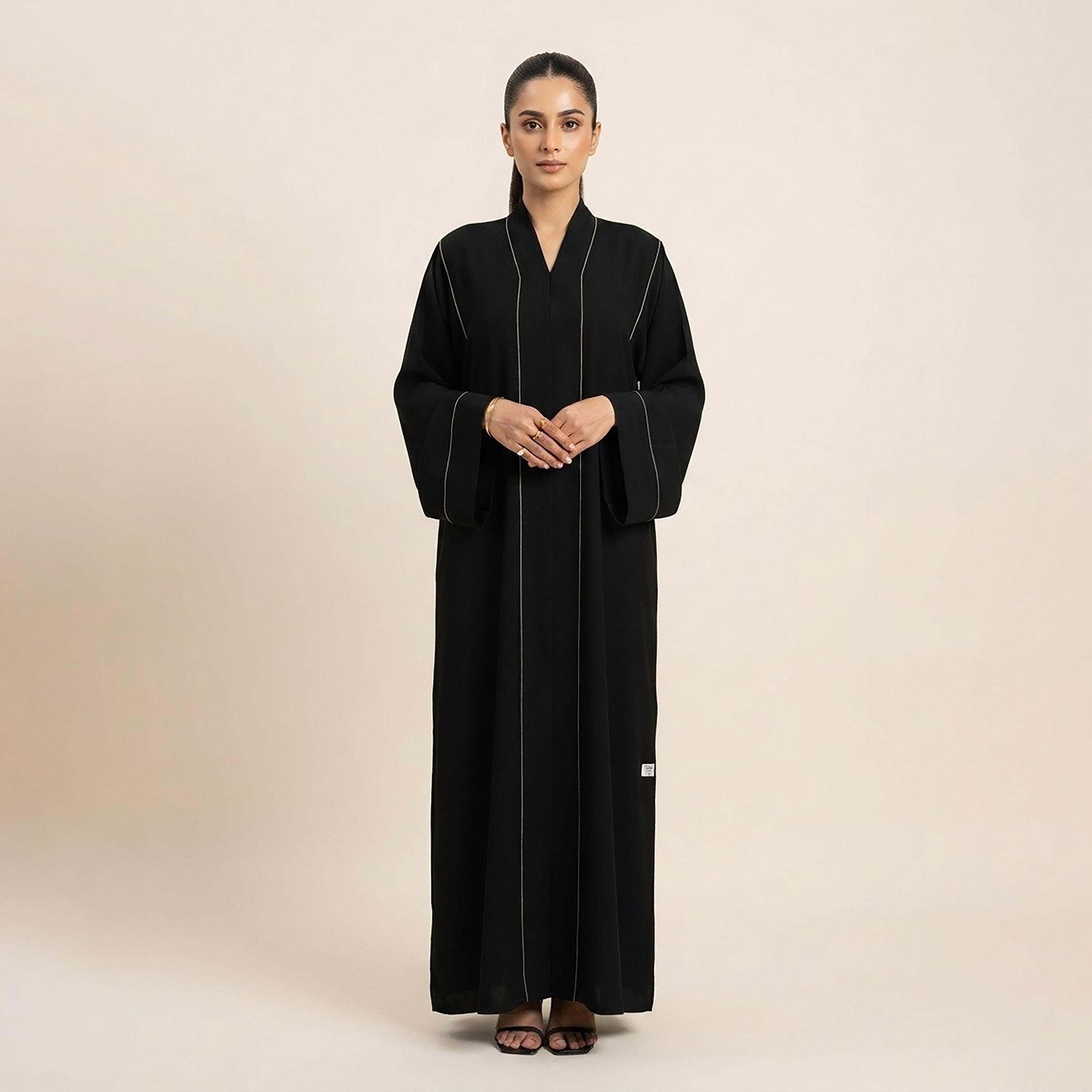 Nikias Black Contrast Piping Detailed Wide Sleeves Nida Women's Abaya-women-arabicclothing-abayas-image-2