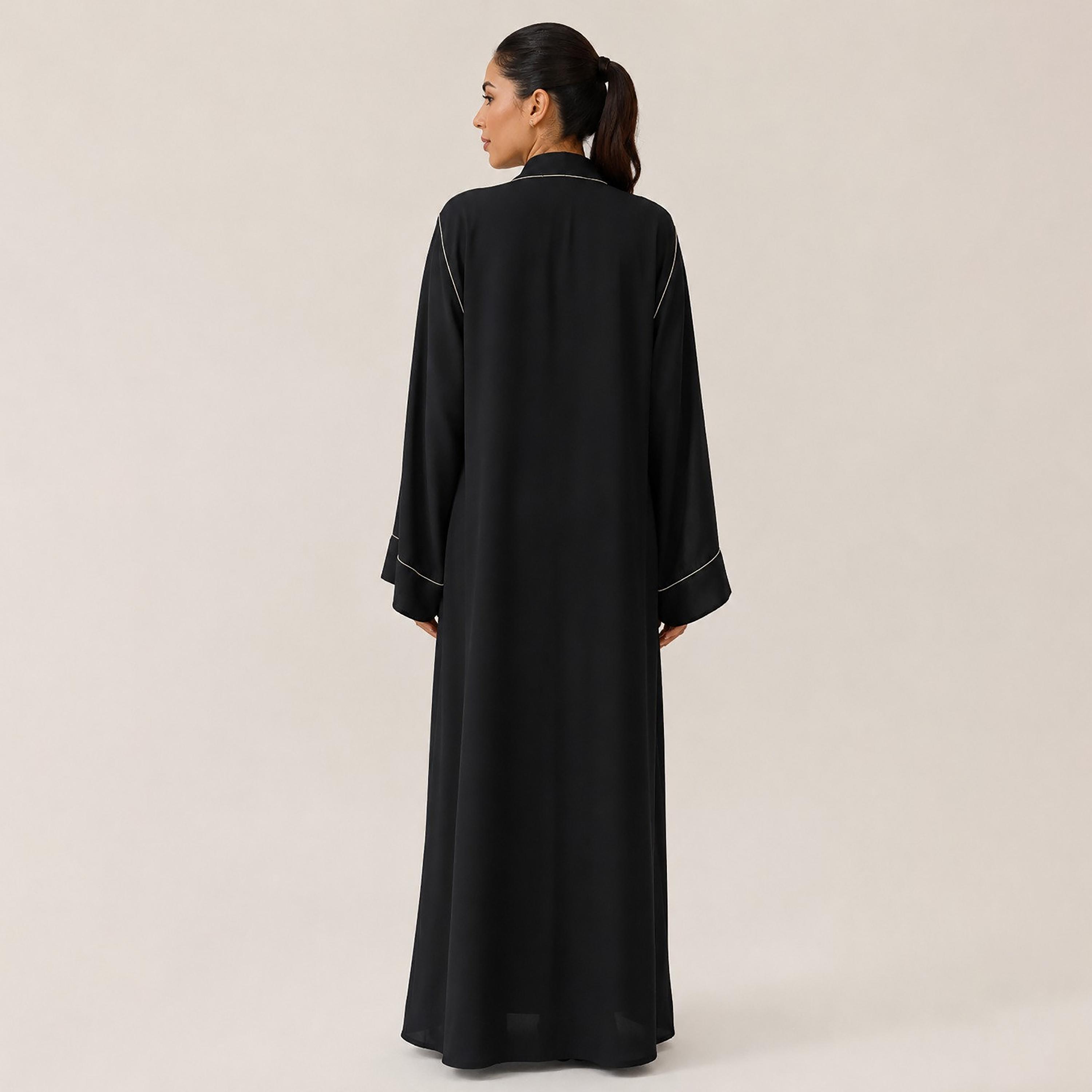 Nikias Black Contrast Piping Detailed Wide Sleeves Nida Women's Abaya-women-arabicclothing-abayas-image-3
