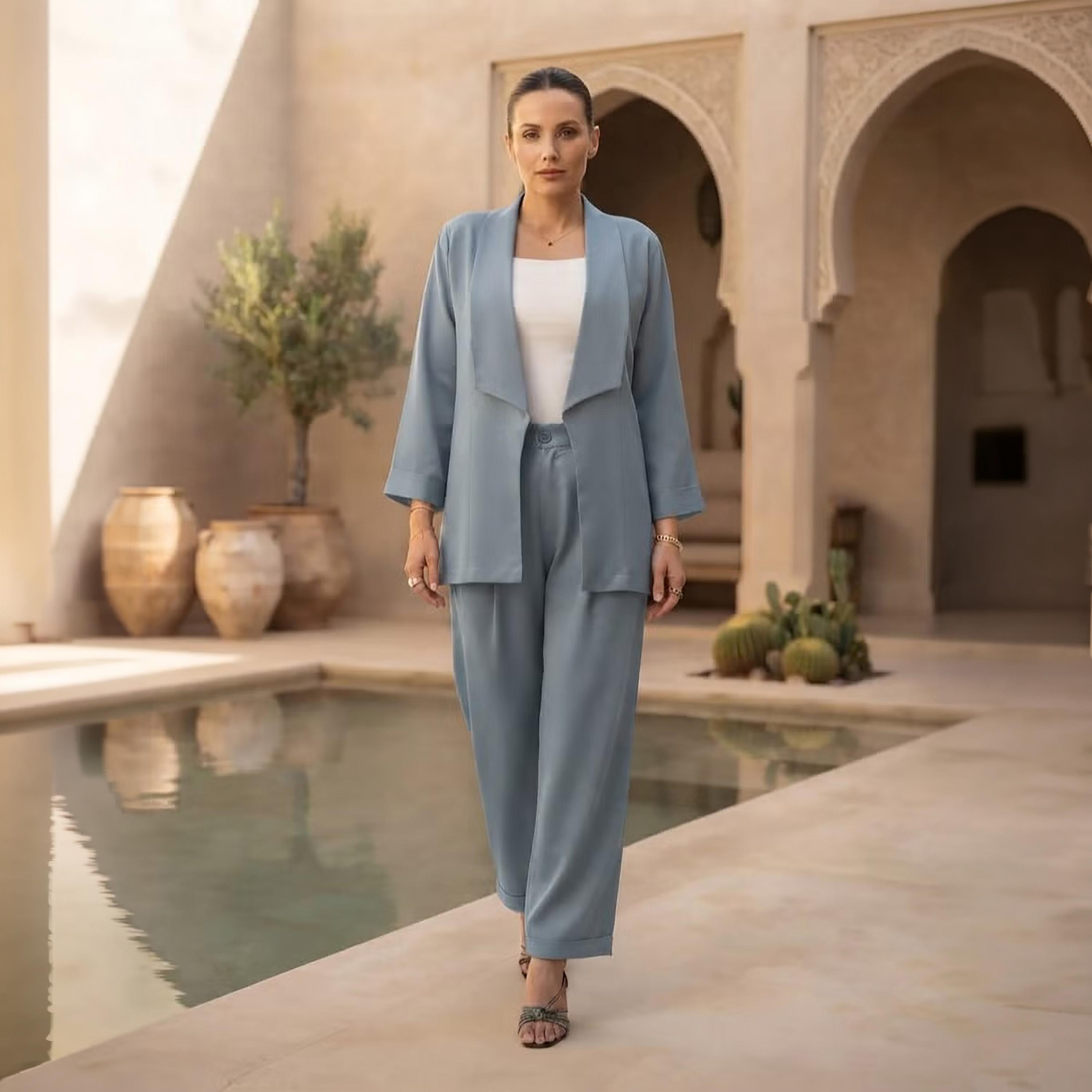 طقم جاكيت وبنطال حريمي بأكمام طويلة وياقة مطوية باللون الأزرق المغبر من نيكياس-women-clothing-coordsets-image-1