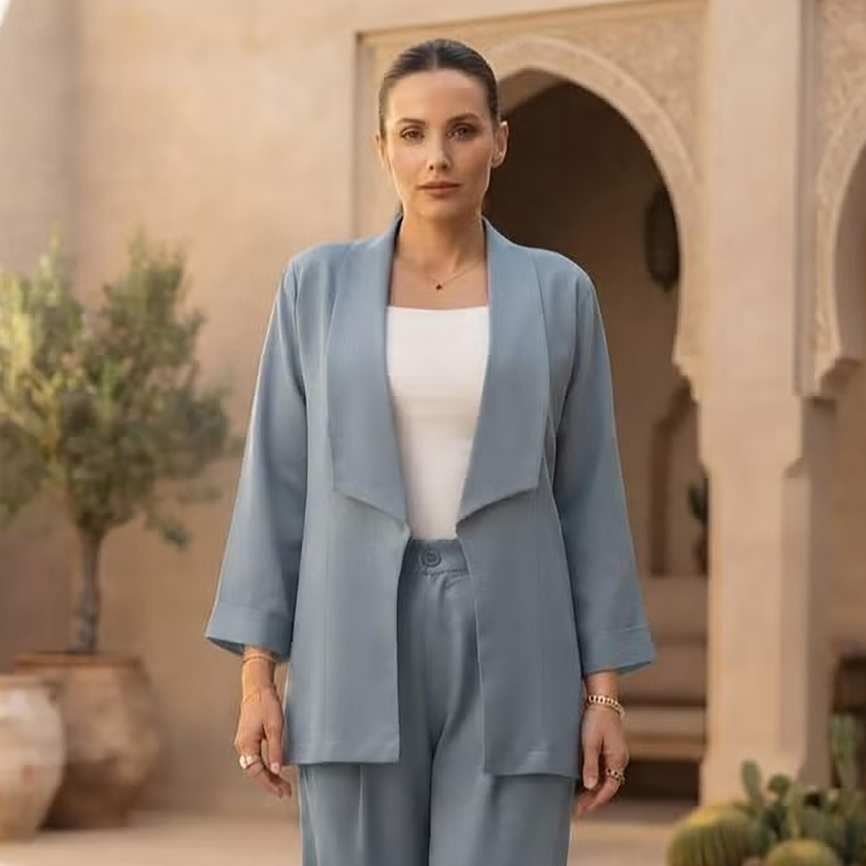 طقم جاكيت وبنطال حريمي بأكمام طويلة وياقة مطوية باللون الأزرق المغبر من نيكياس-women-clothing-coordsets-image-2