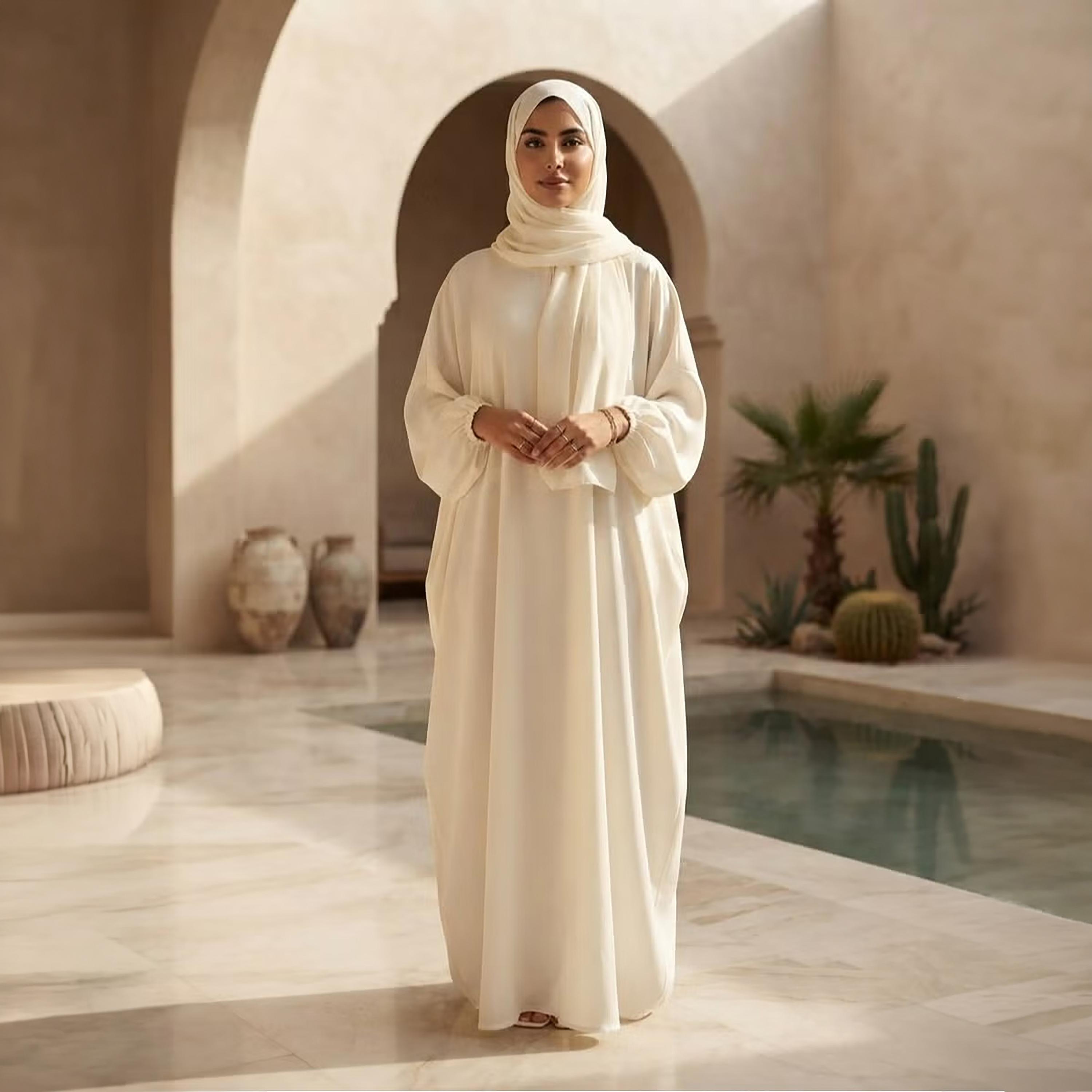 Nikias Off White Balloon Sleeves Women's Abaya with Hijab-women-arabicclothing-abayas-image-1