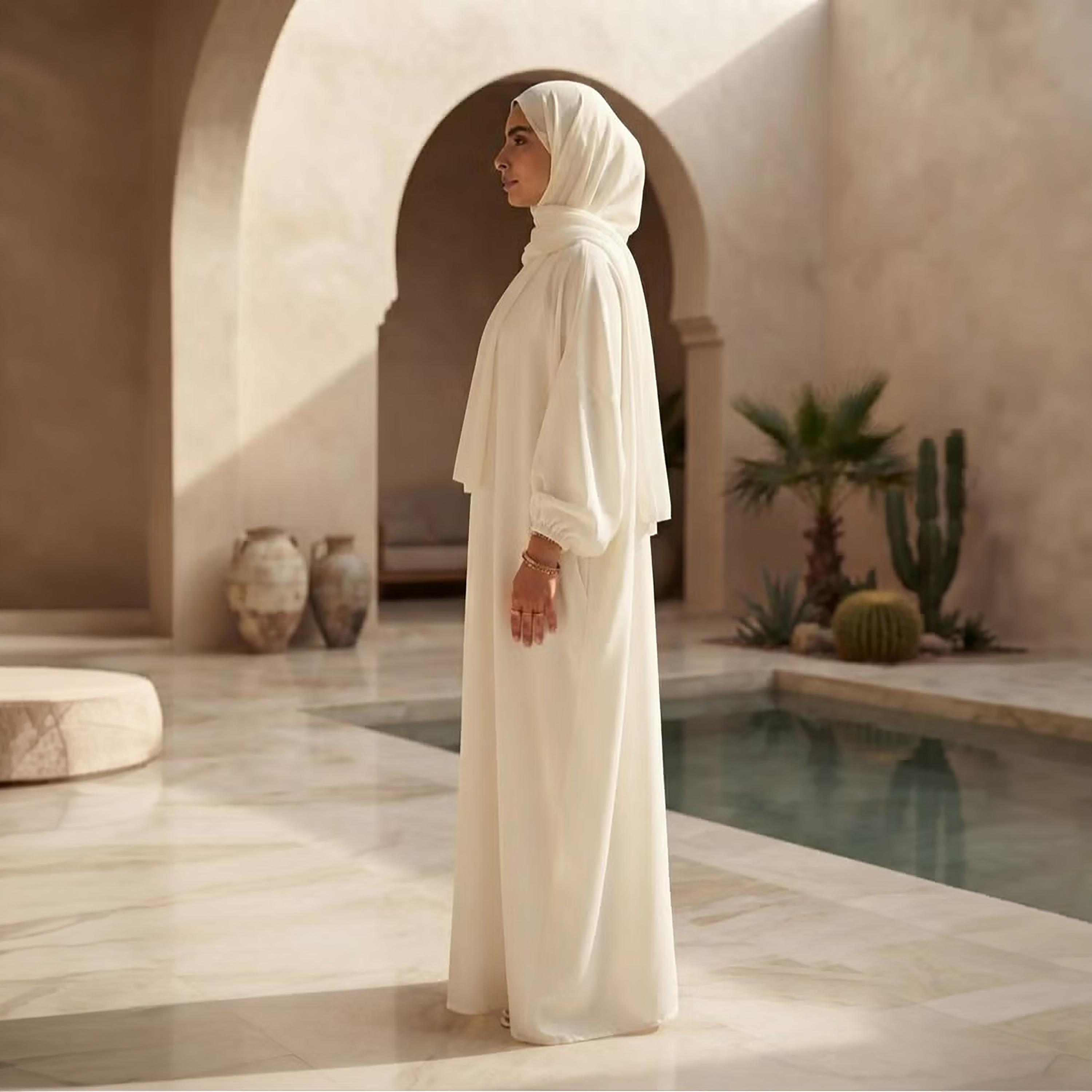 Nikias Off White Balloon Sleeves Women's Abaya with Hijab-women-arabicclothing-abayas-image-2