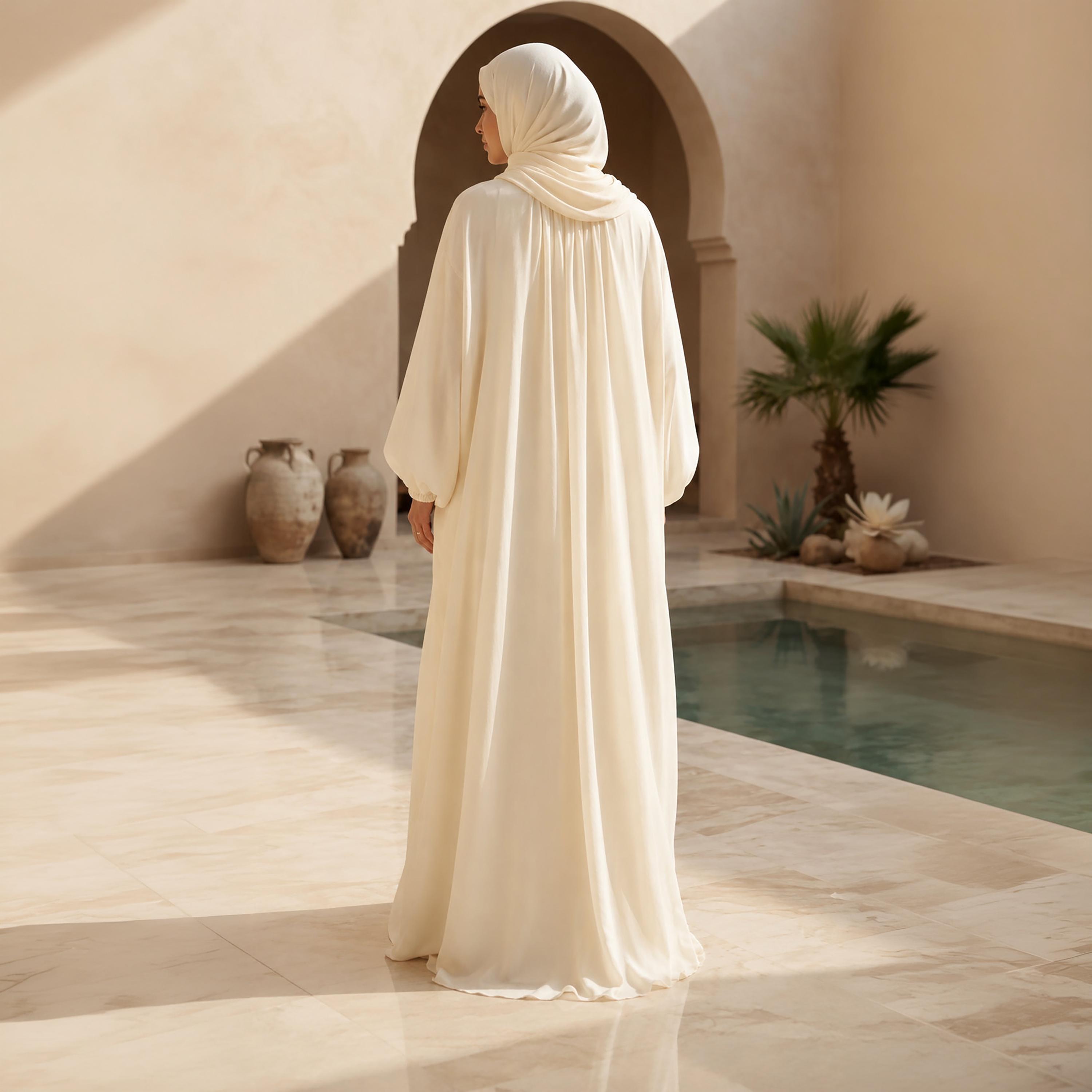 Nikias Off White Balloon Sleeves Women's Abaya with Hijab-women-arabicclothing-abayas-image-3