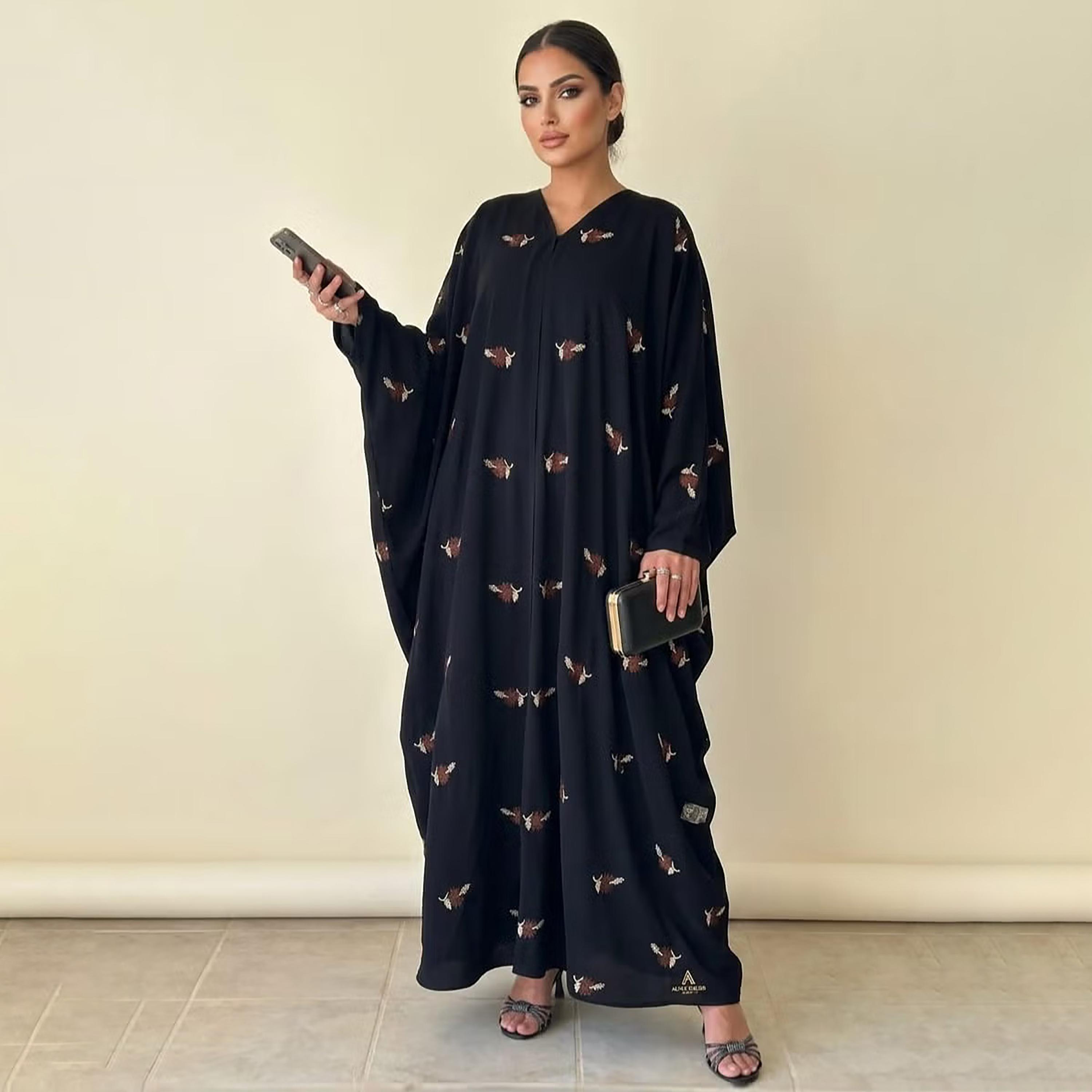 Nikias Black Embroidered Batwing Sleeves Women's Abaya-women-arabicclothing-abayas-image-1
