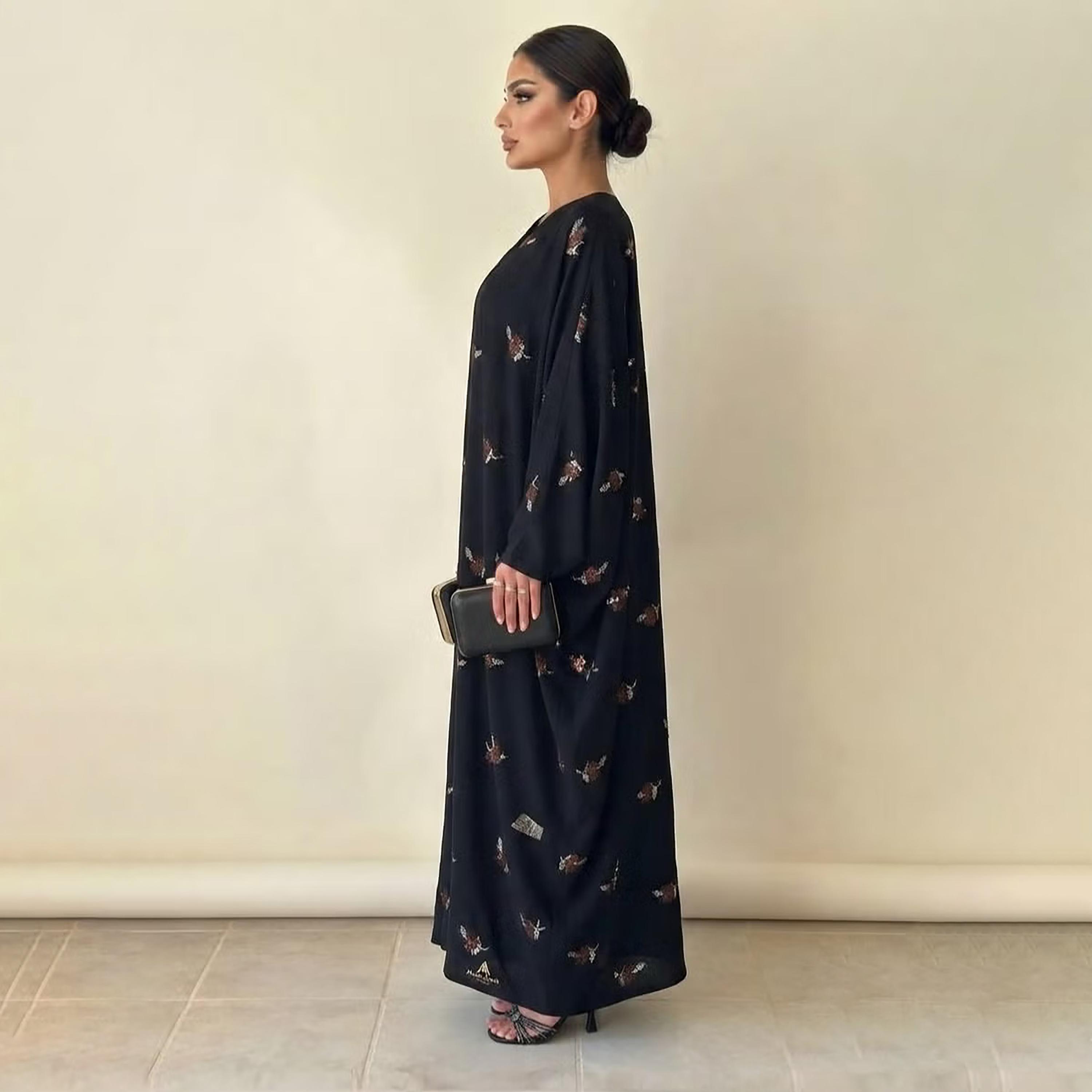 Nikias Black Embroidered Batwing Sleeves Women's Abaya-women-arabicclothing-abayas-image-2