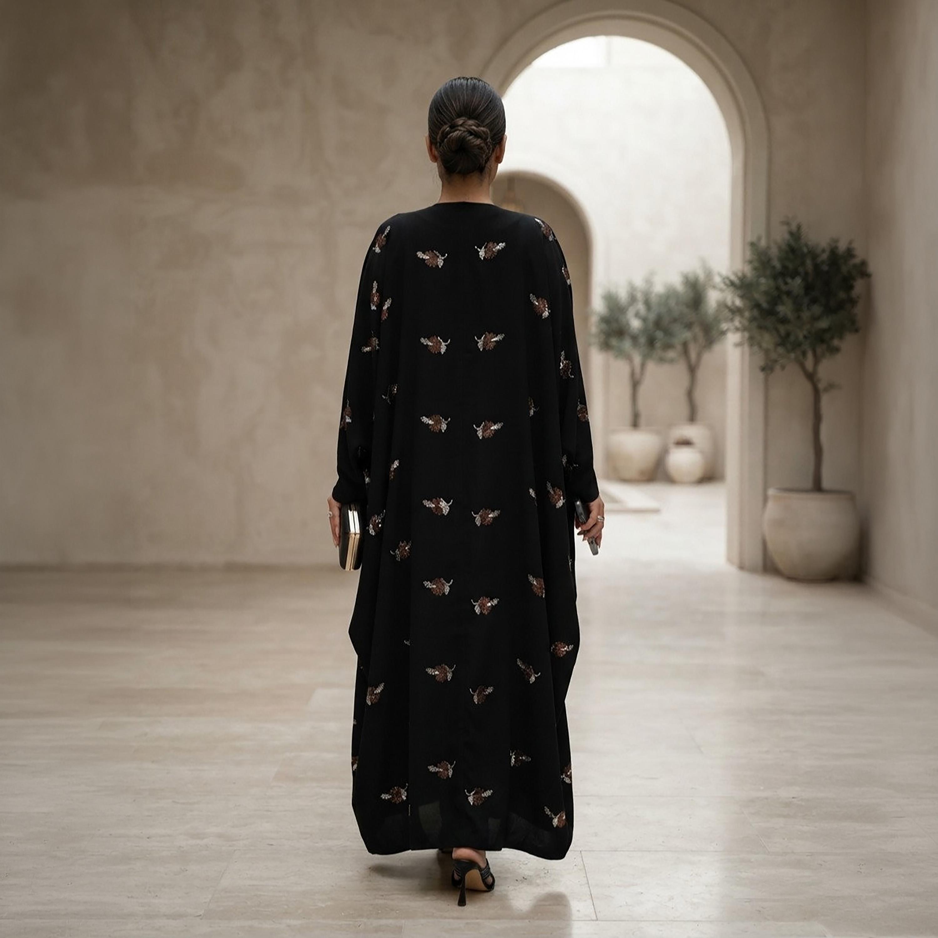Nikias Black Embroidered Batwing Sleeves Women's Abaya-women-arabicclothing-abayas-image-3