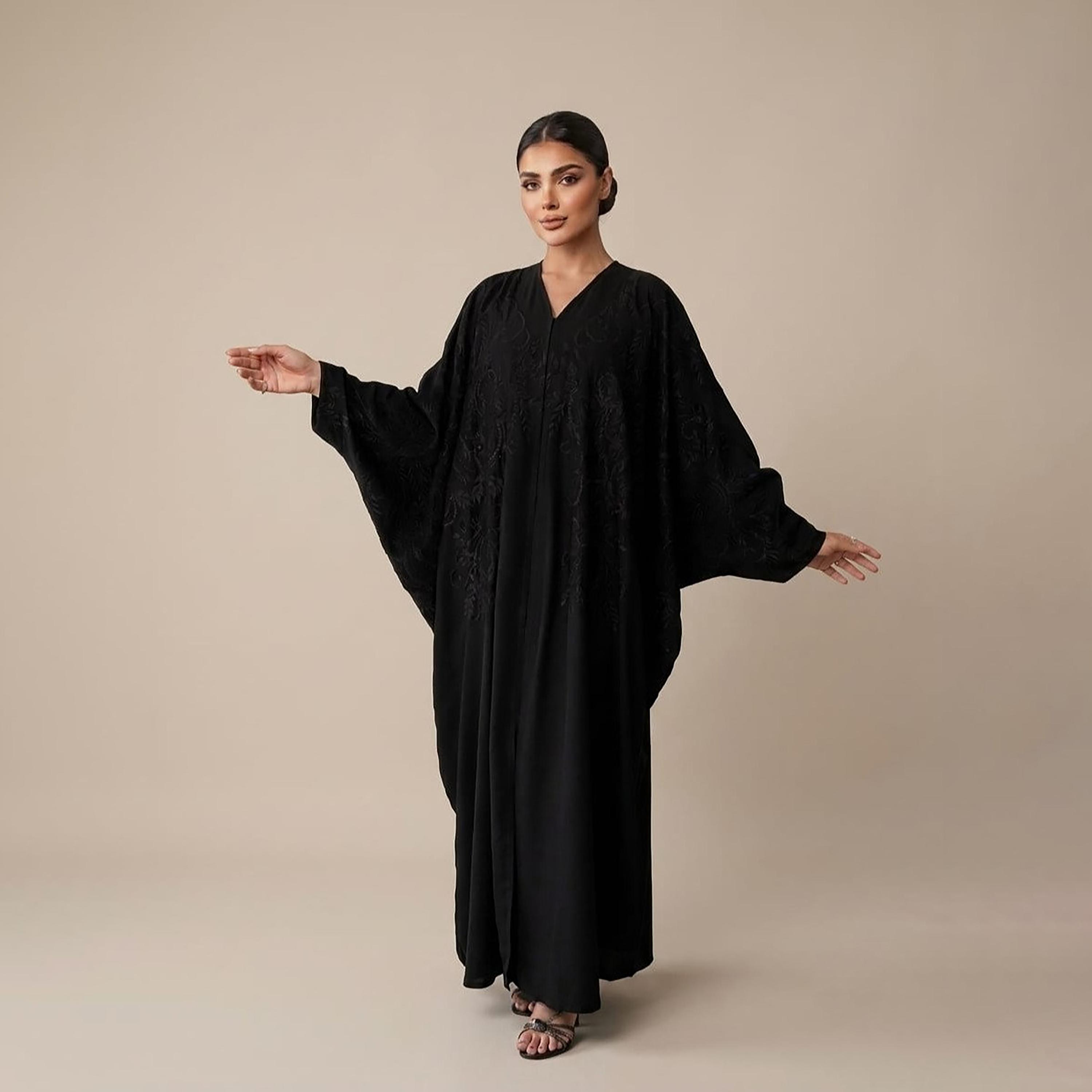 Nikias Black Vine Embroidered Batwing Sleeves Women's Abaya-women-arabicclothing-abayas-image-1