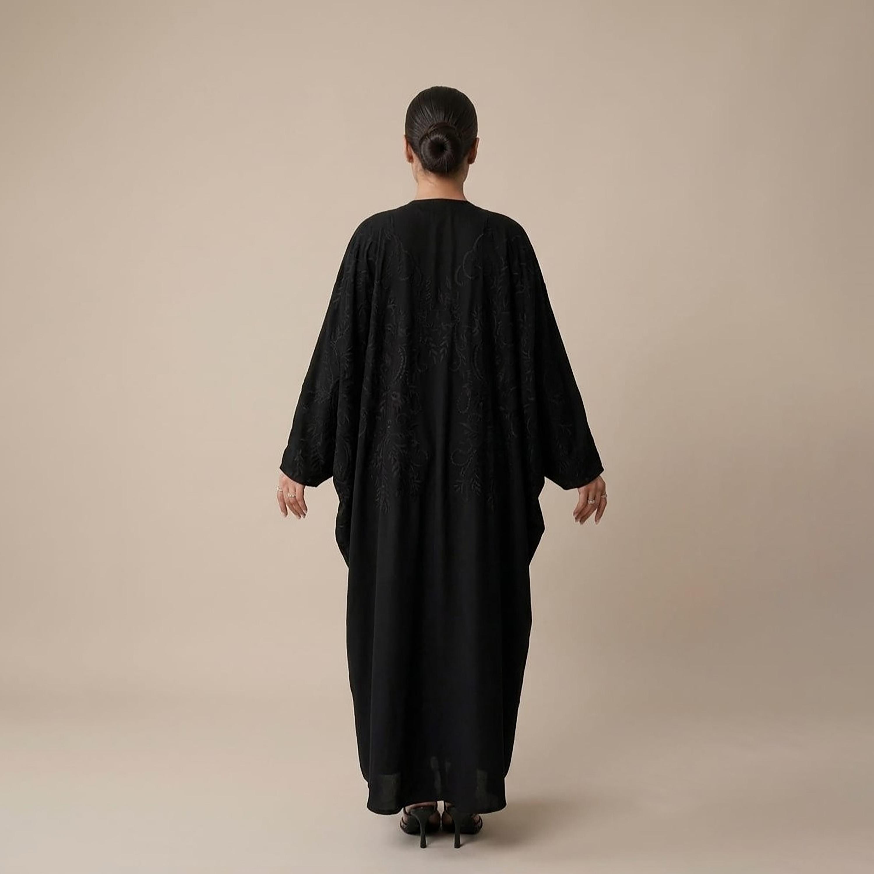Nikias Black Vine Embroidered Batwing Sleeves Women's Abaya-women-arabicclothing-abayas-image-3