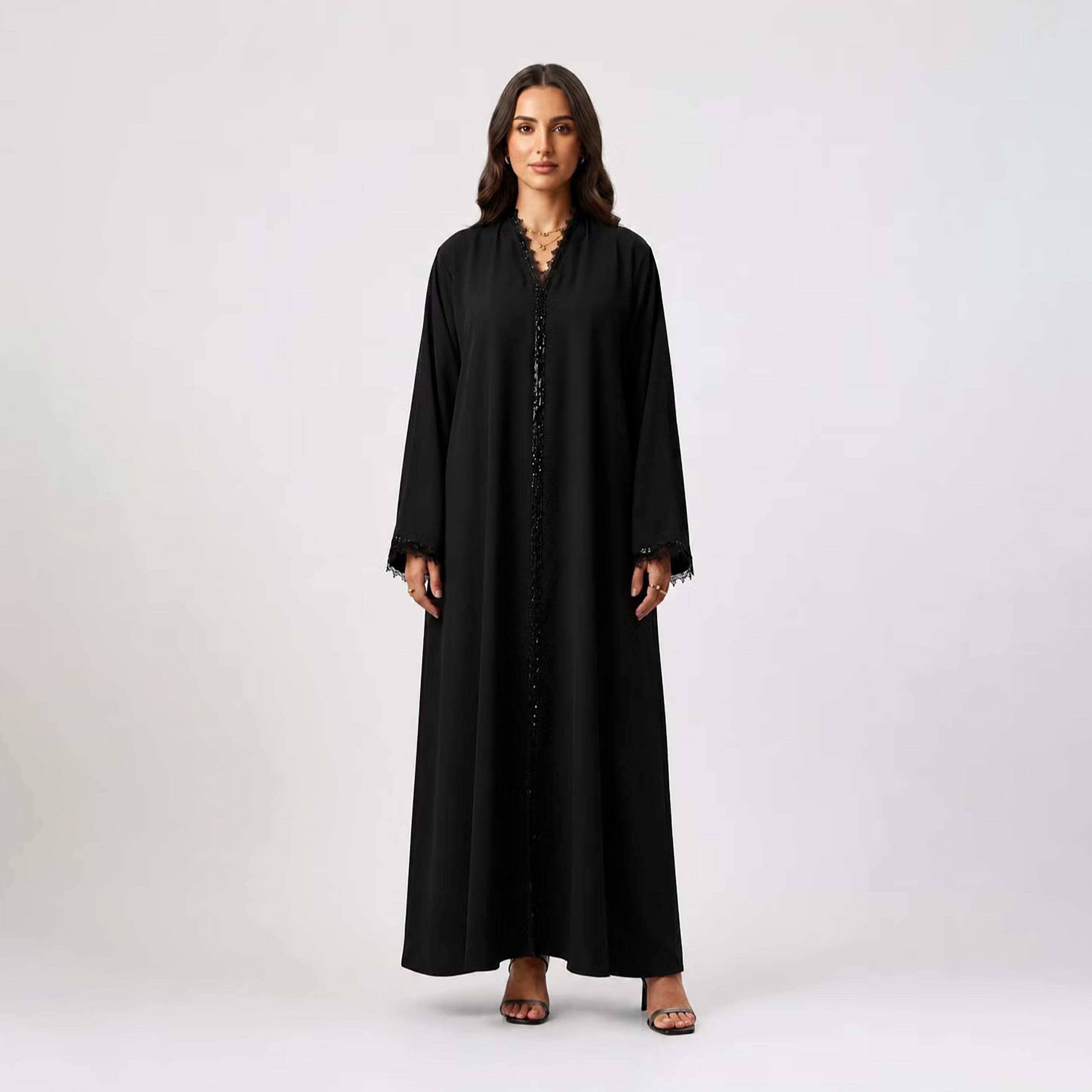 Nikias Black Sequin Lace Trim Nida Women's Abaya-women-arabicclothing-abayas-image-1