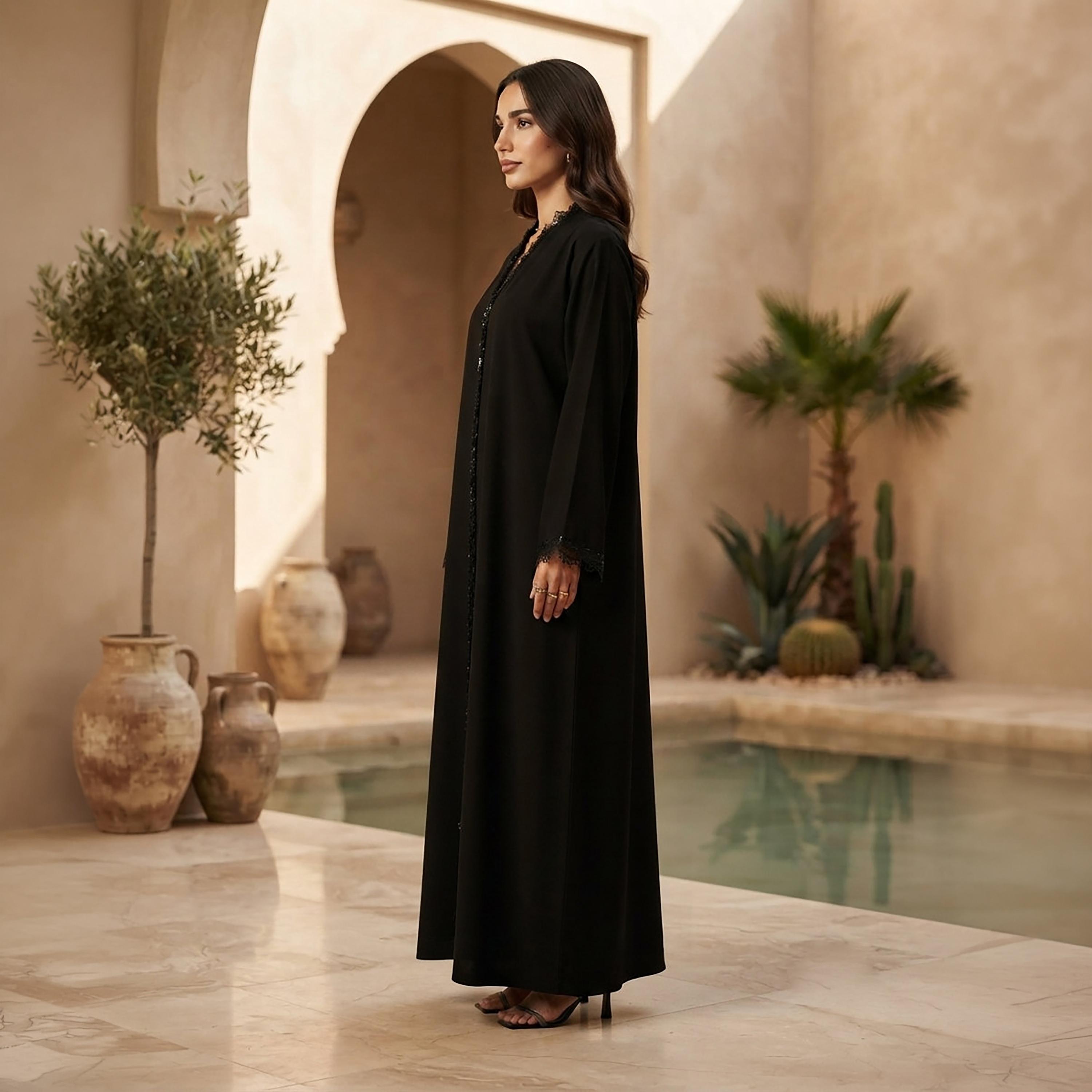 Nikias Black Sequin Lace Trim Nida Women's Abaya-women-arabicclothing-abayas-image-2