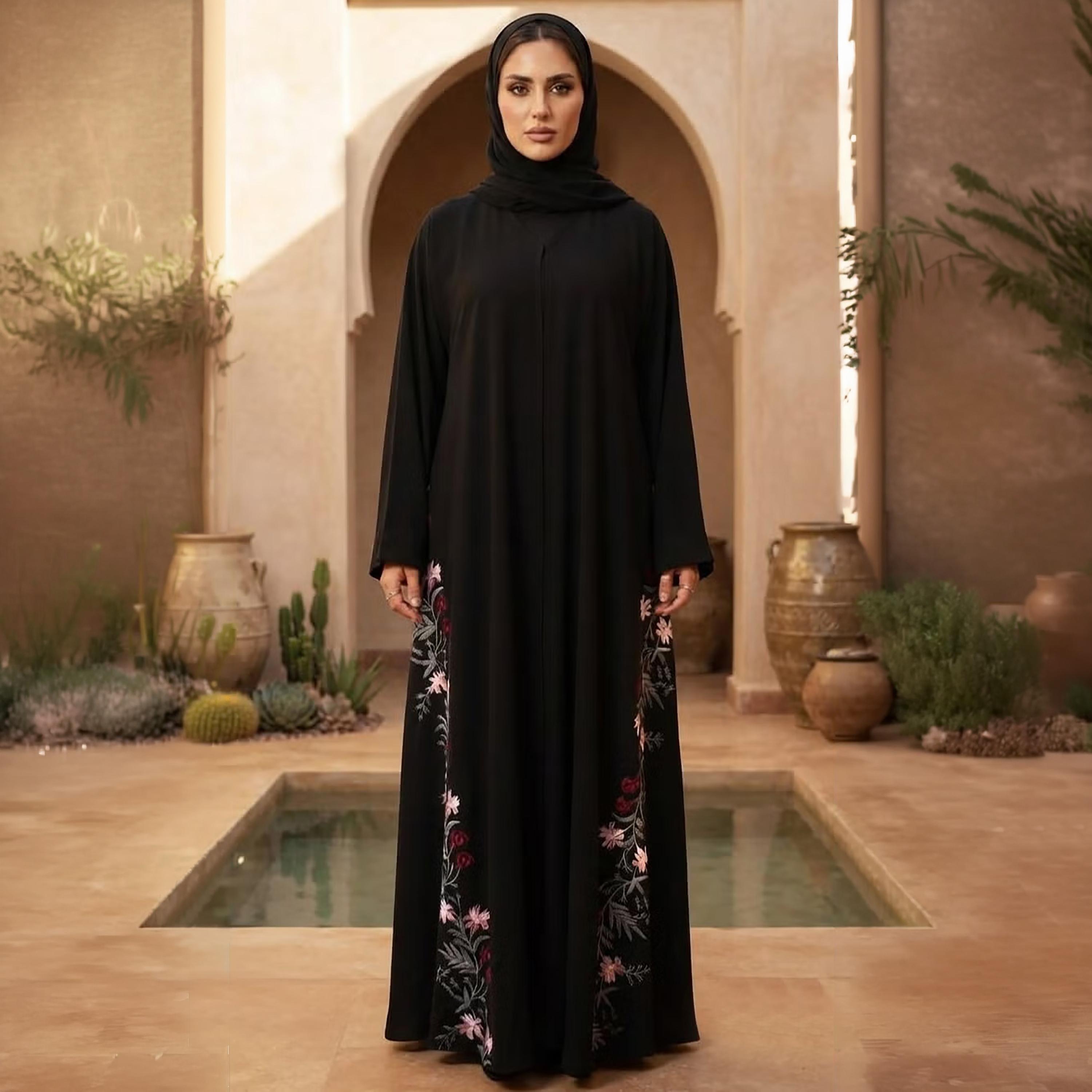 Nikias Black Embroidered Wide Sleeves Nida Women's Abaya with Hijab-women-arabicclothing-abayas-image-1