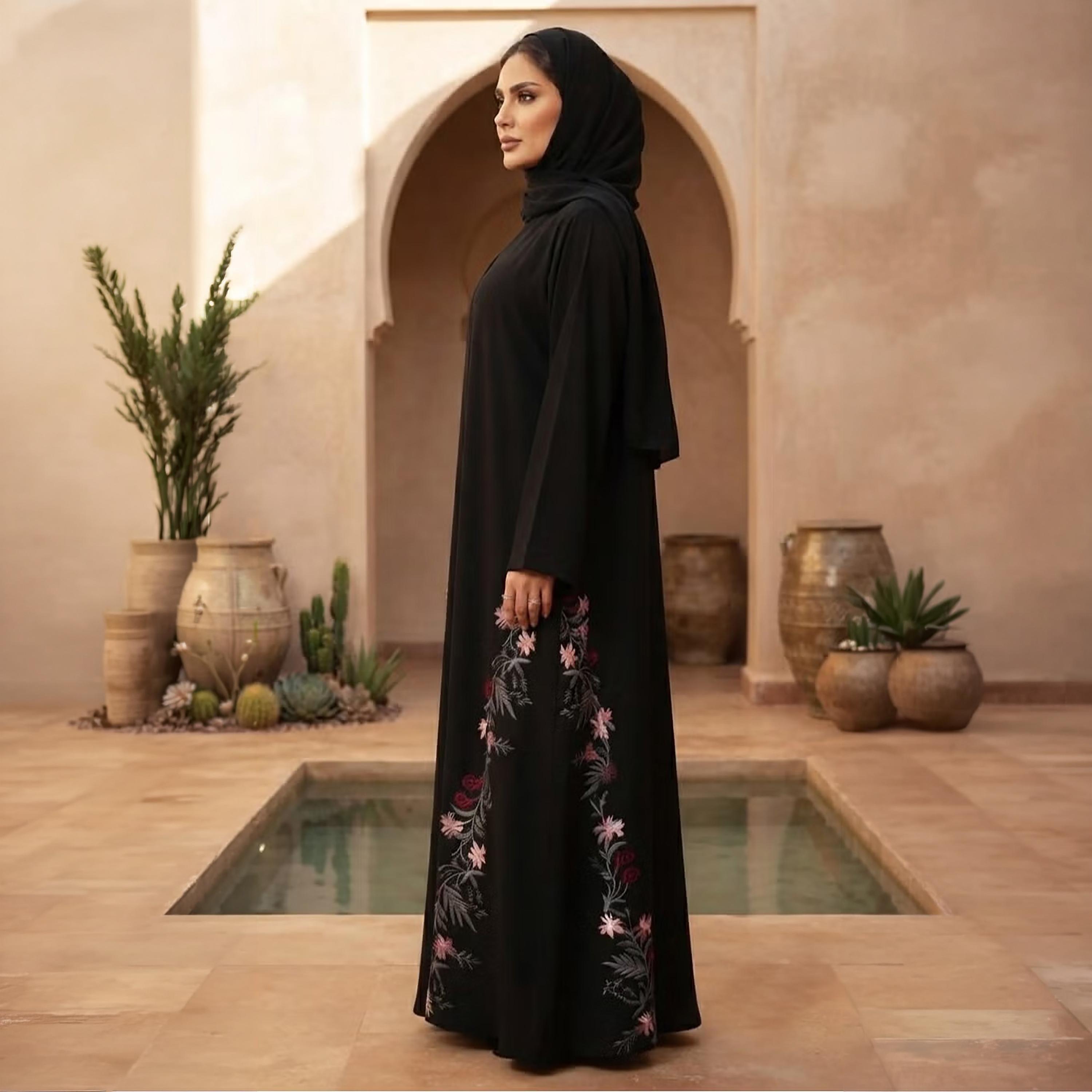 Nikias Black Embroidered Wide Sleeves Nida Women's Abaya with Hijab-women-arabicclothing-abayas-image-2