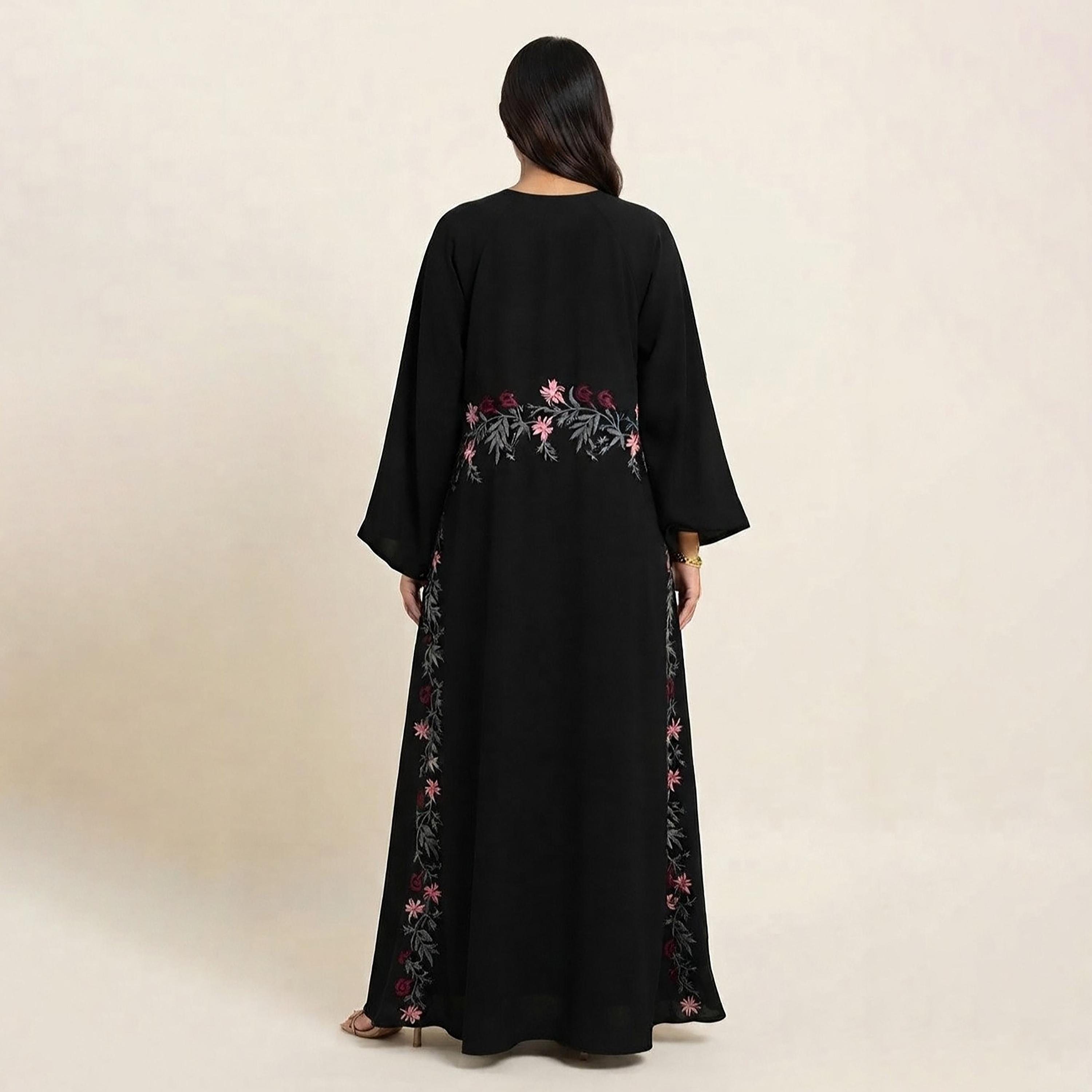 Nikias Black Embroidered Wide Sleeves Nida Women's Abaya with Hijab-women-arabicclothing-abayas-image-3
