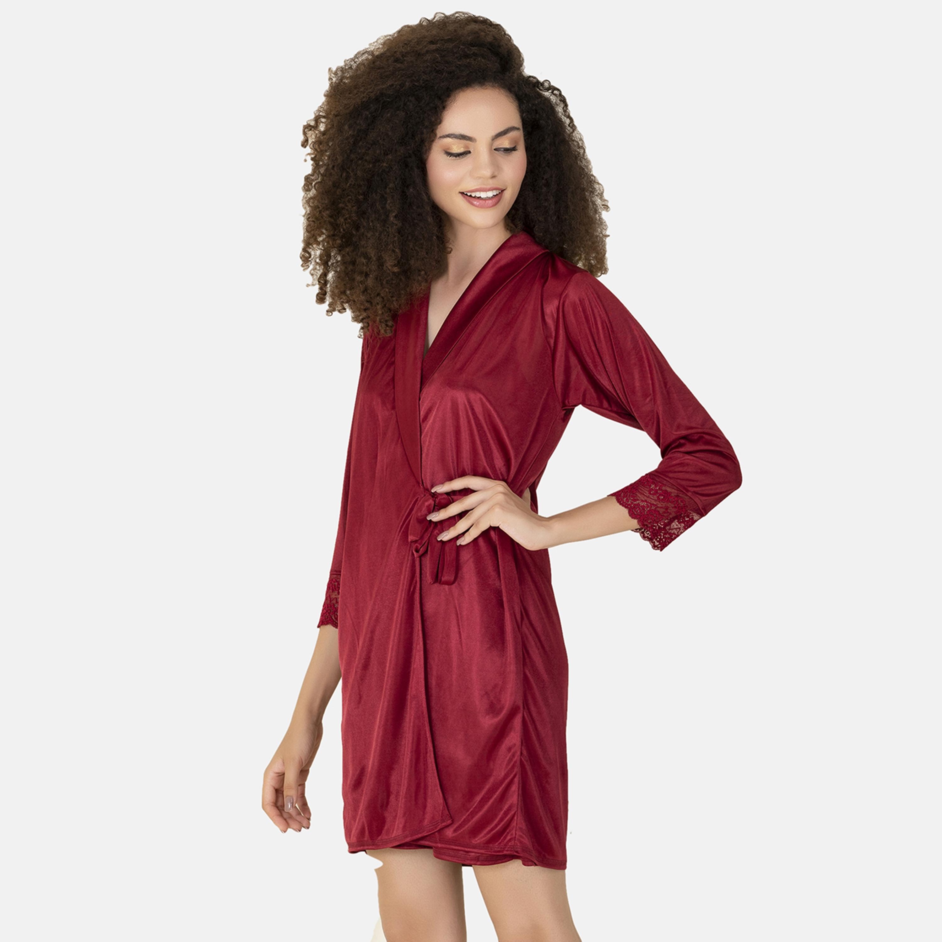Clovia Short Women's Night Dress & Robe Set in Maroon- Satin-women-clothing-nightwear-pyjamas-longsets-image-10