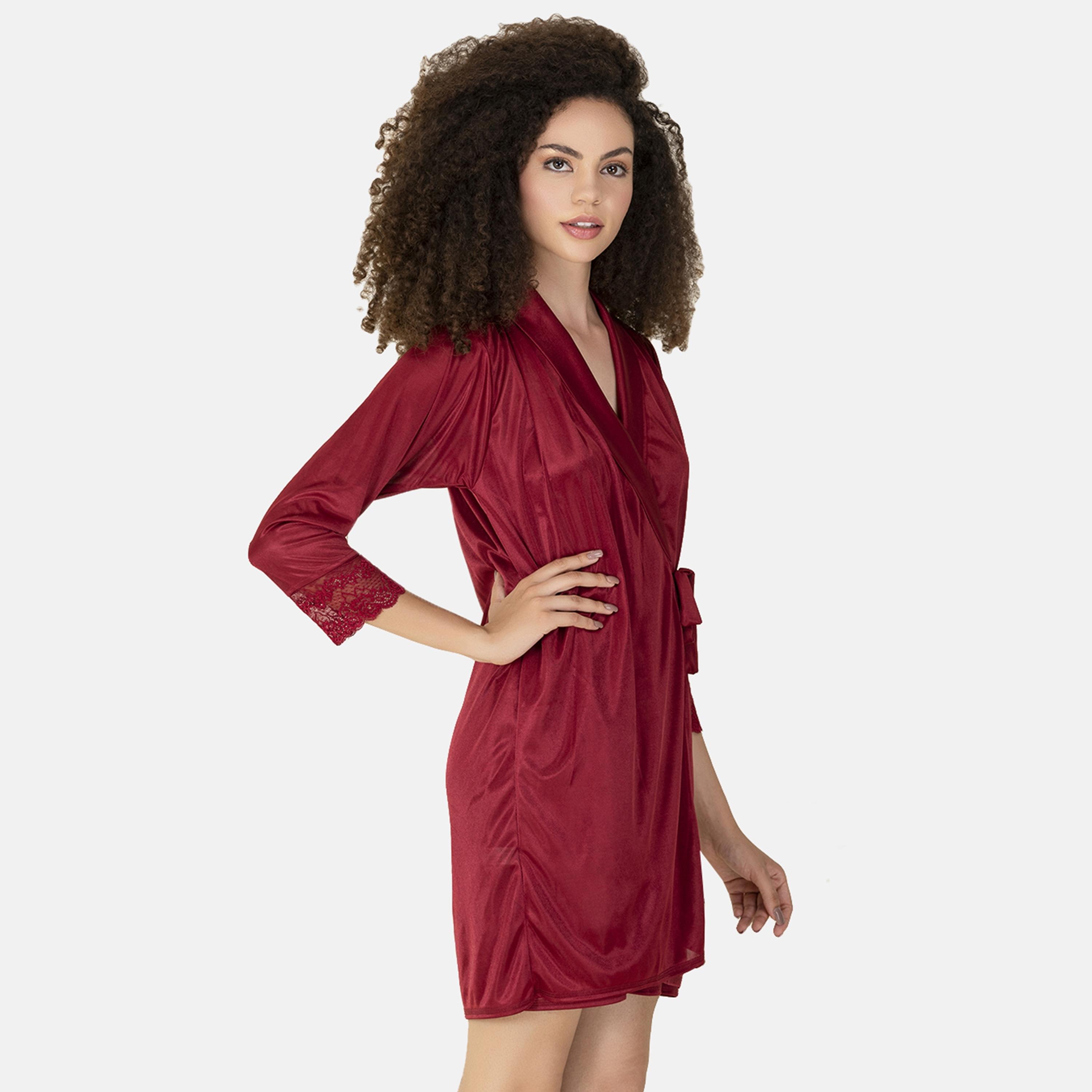 Clovia Short Women's Night Dress & Robe Set in Maroon- Satin-women-clothing-nightwear-pyjamas-longsets-image-2