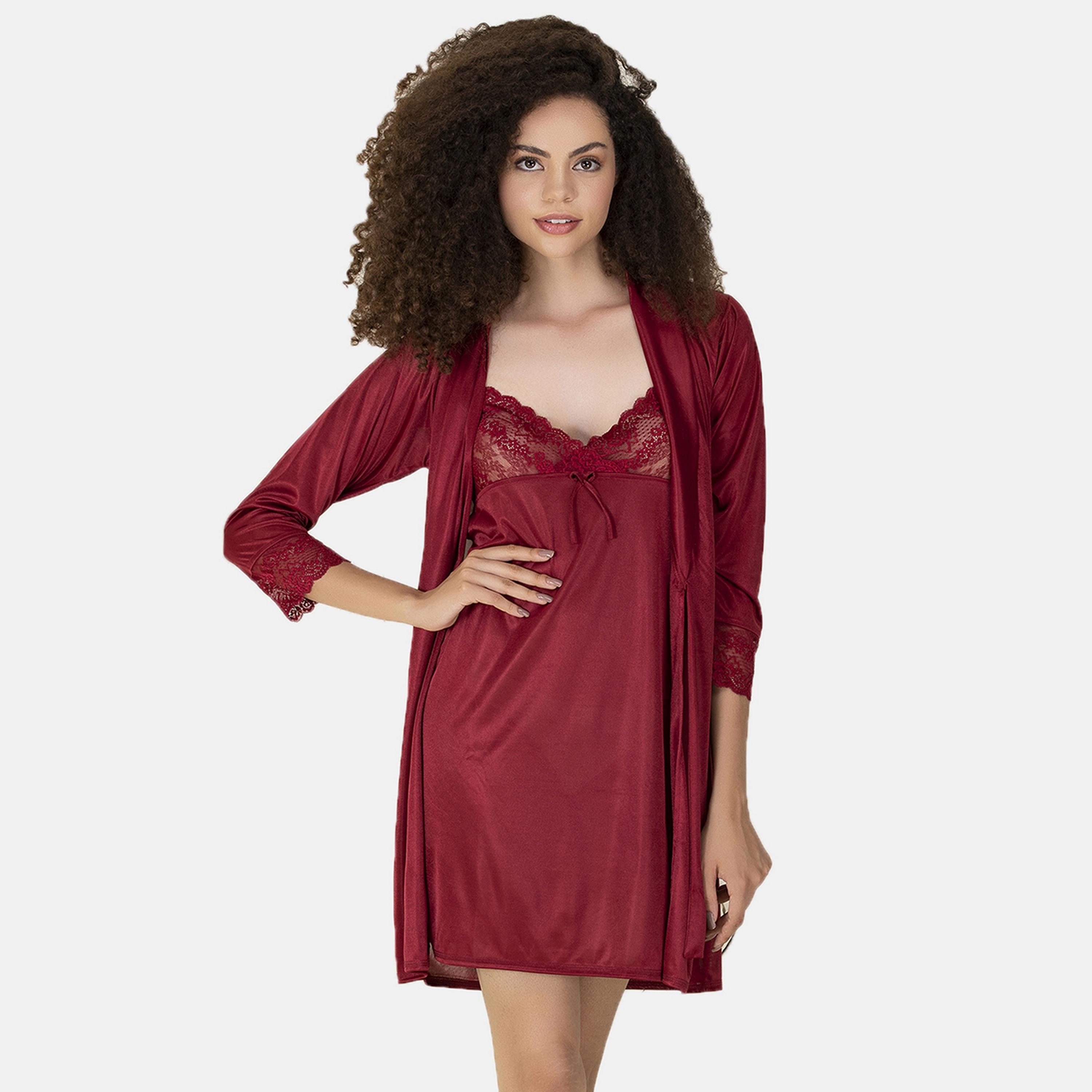 Clovia Short Women's Night Dress & Robe Set in Maroon- Satin-women-clothing-nightwear-pyjamas-longsets-image-6