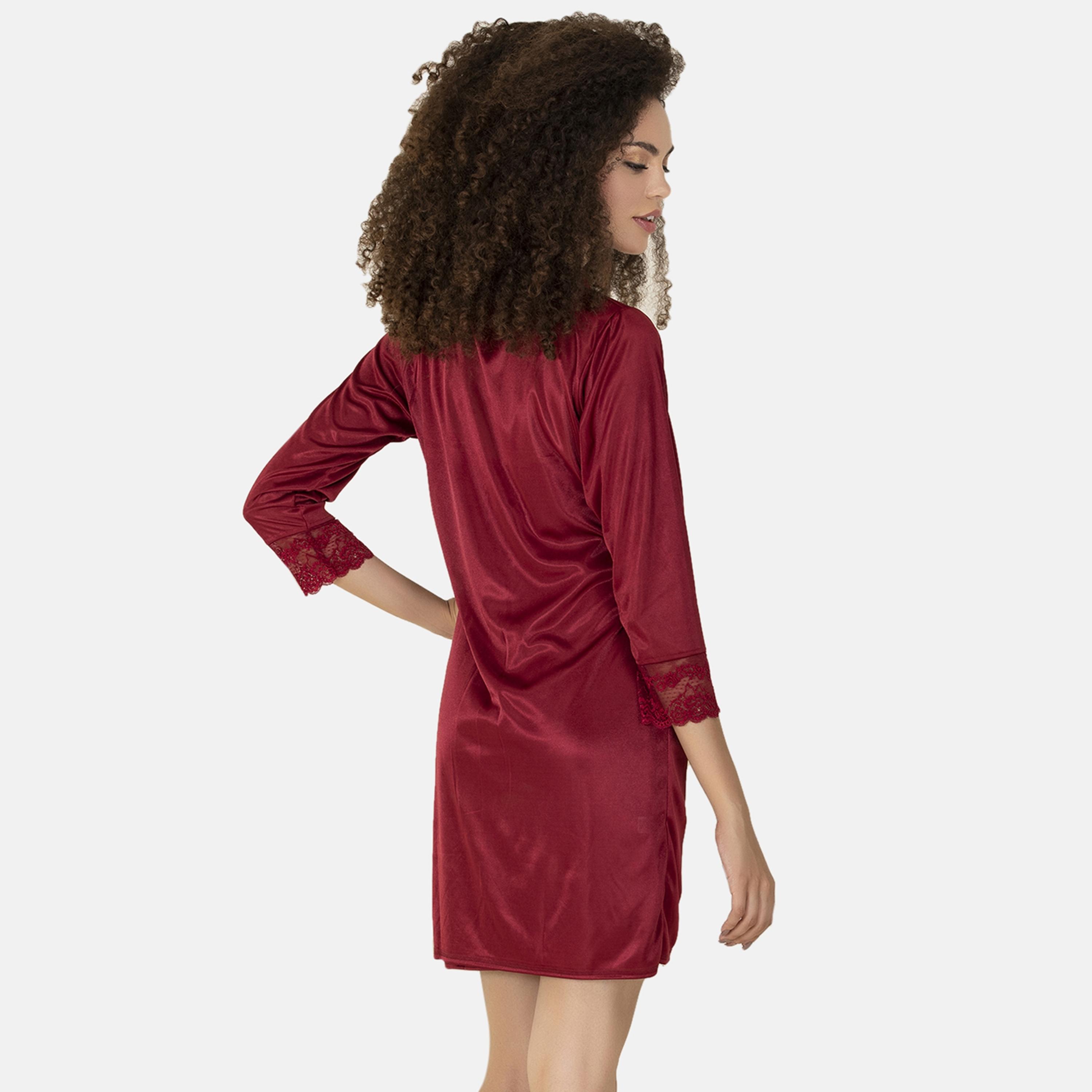 Clovia Short Women's Night Dress & Robe Set in Maroon- Satin-women-clothing-nightwear-pyjamas-longsets-image-8