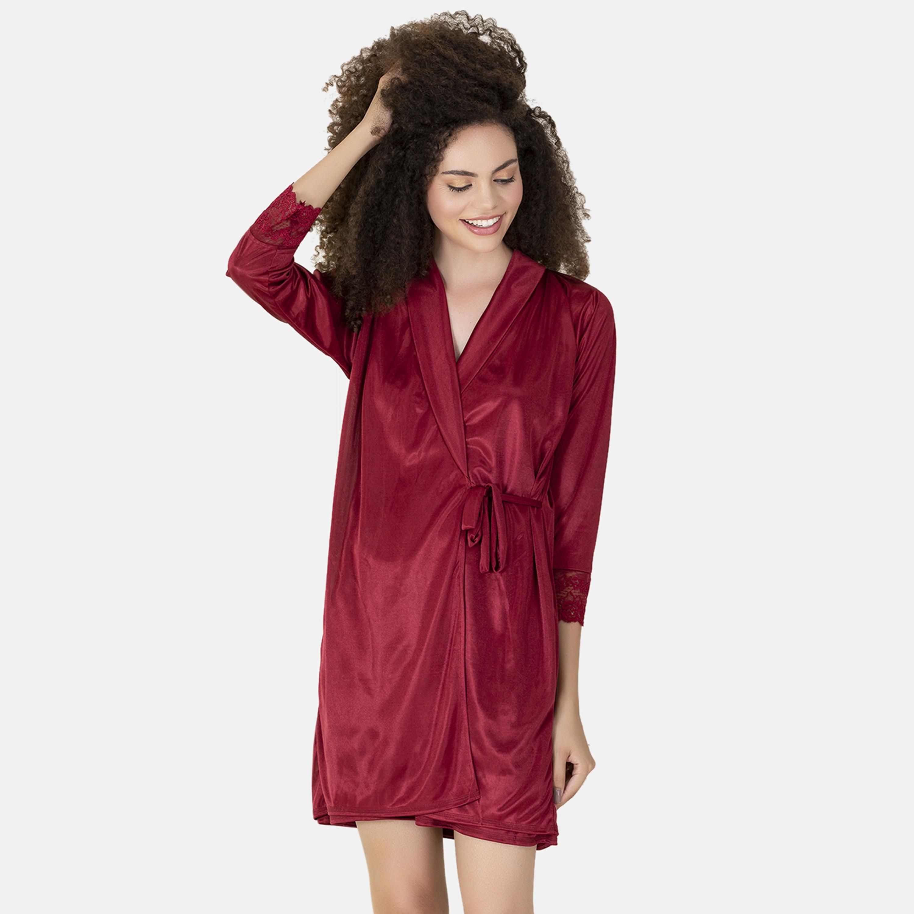 Clovia Short Women's Night Dress & Robe Set in Maroon- Satin-women-clothing-nightwear-pyjamas-longsets-image-9