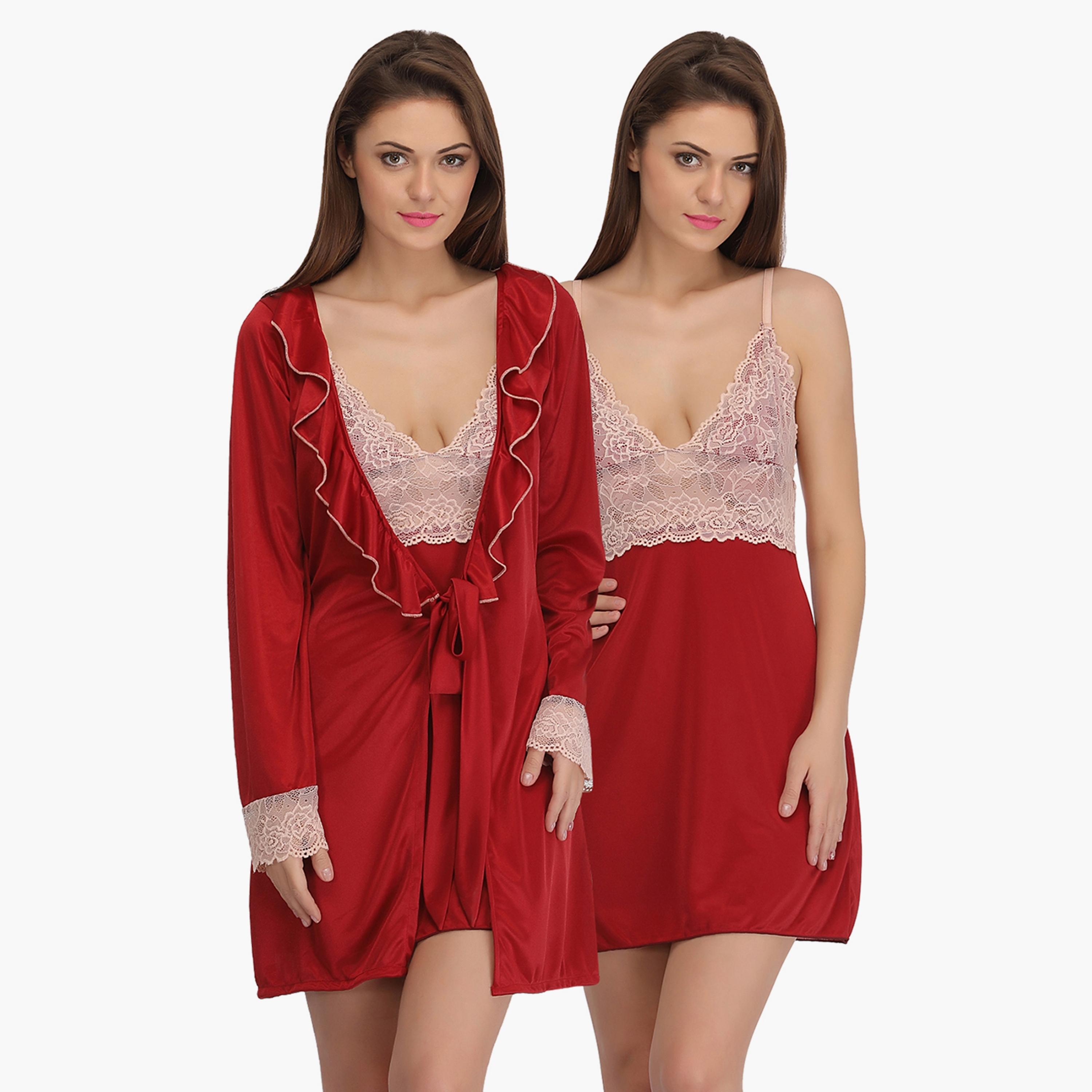 Clovia Lace Shoulder Strap Night Dress with Robe-women-clothing-nightwear-nighties-image-2