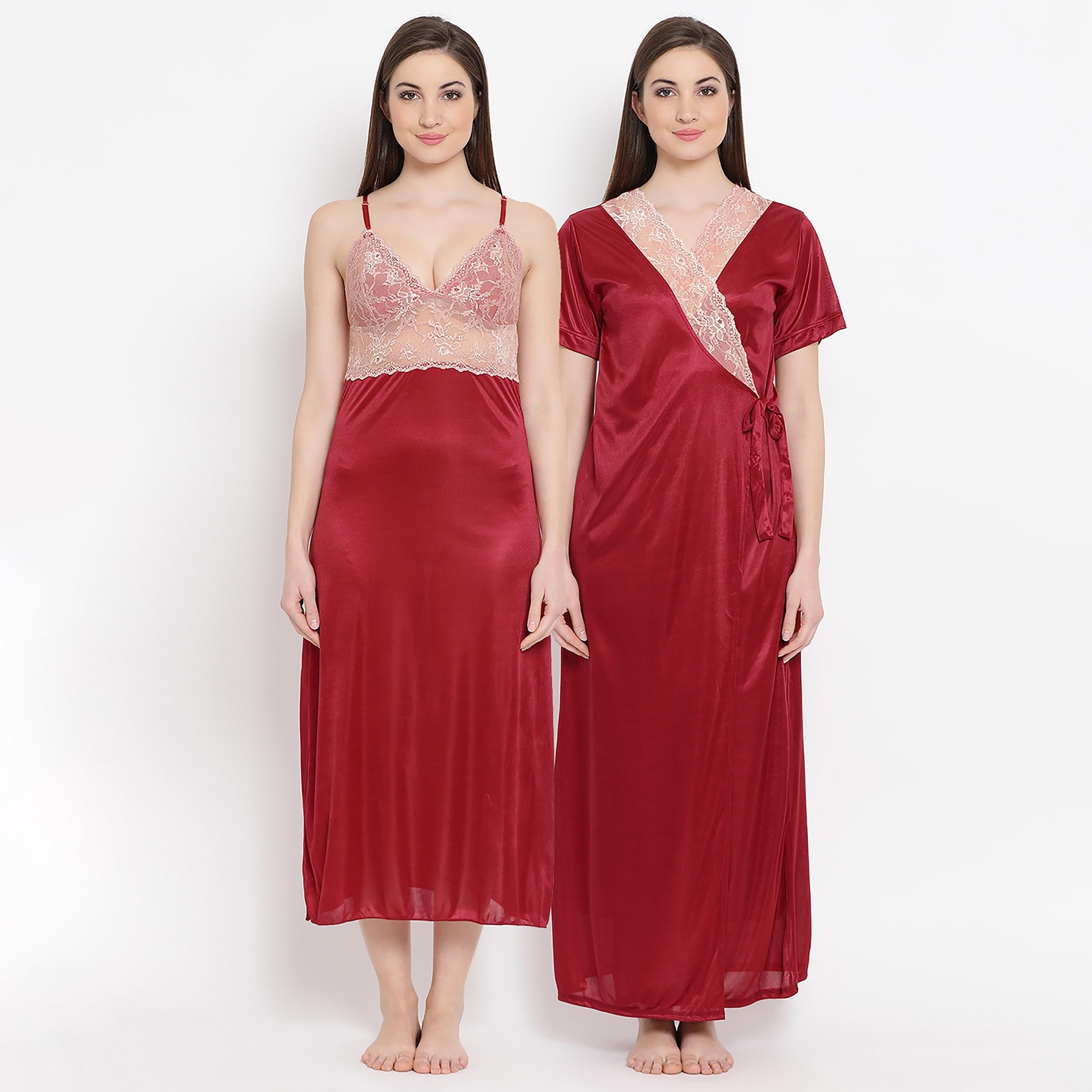 Clovia Lace Shoulder Strap Night Dress with Robe-women-clothing-nightwear-nighties-image-2